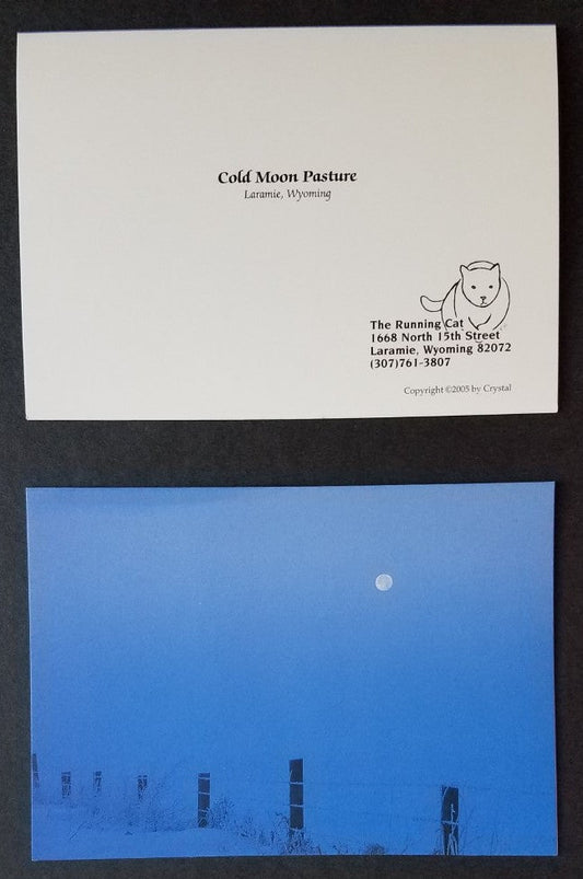 Cold Moon Pasture, barbed wire fence under a frosty moon. Set 4 greeting cards with envelopes, blank inside