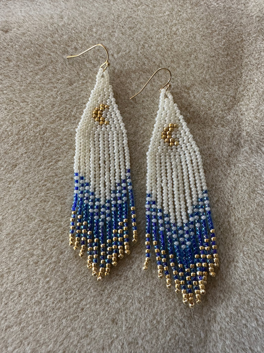Crescent Moon Earrings - Gold Blue Jay