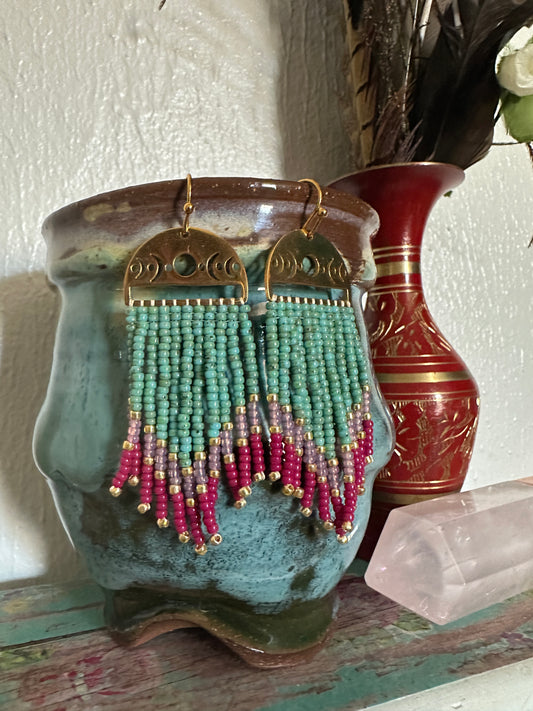 Gold Moon Phase Beaded Earrings - Turquoise Fade