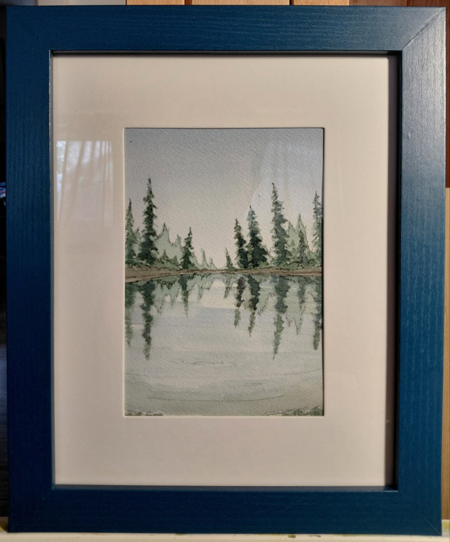 Watercolor and Ink Framed- "Evergreen Reflection"