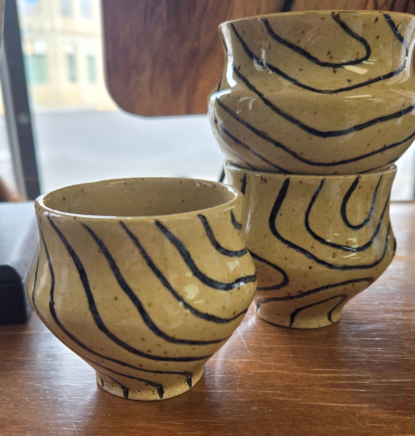Pottery Shot Glass- Blue and Tan Topo Lines