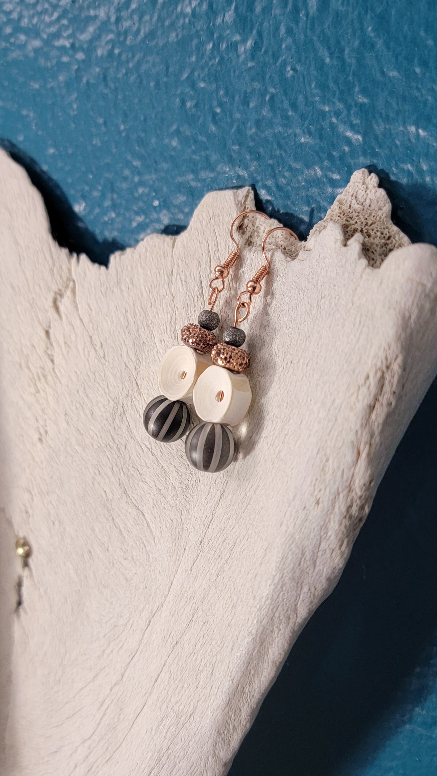 Rose Gold Gray Bead with Fish Bone Earrings