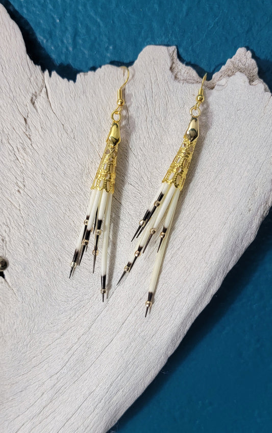 Porcupine Quill with Ornate Gold Cap Earrings