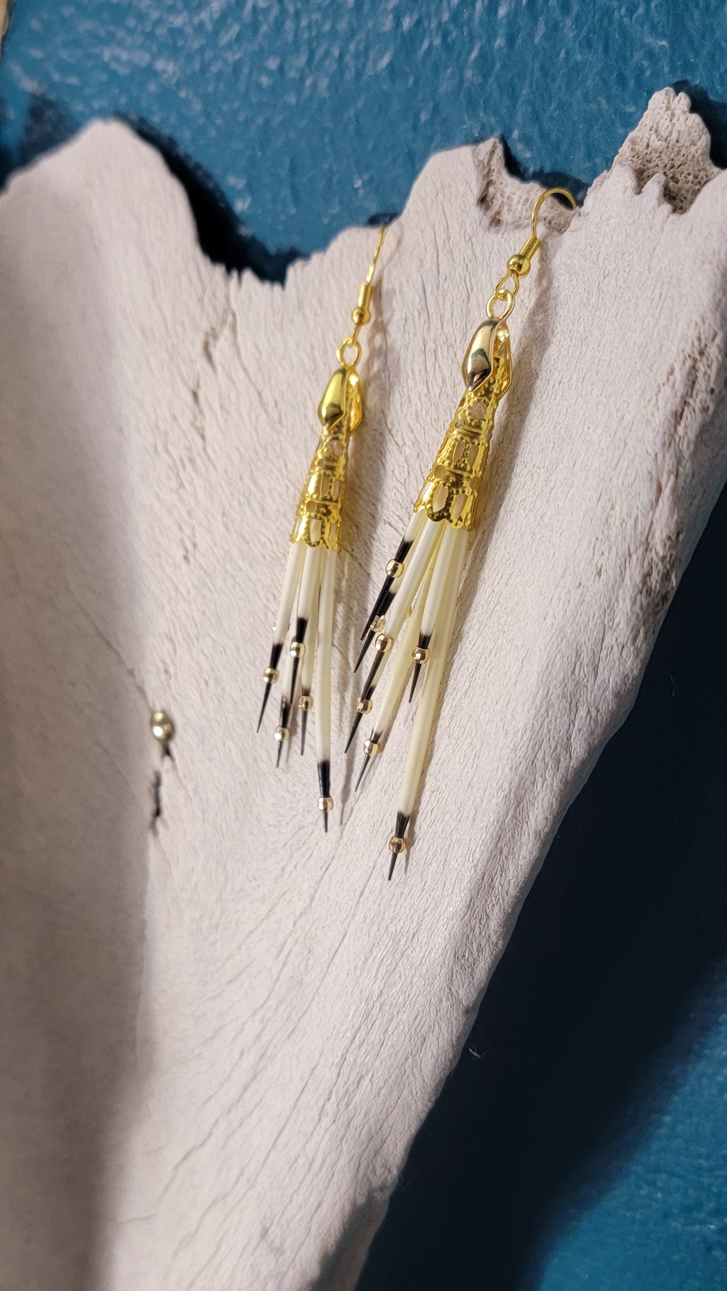 Porcupine Quill with Ornate Gold Cap Earrings