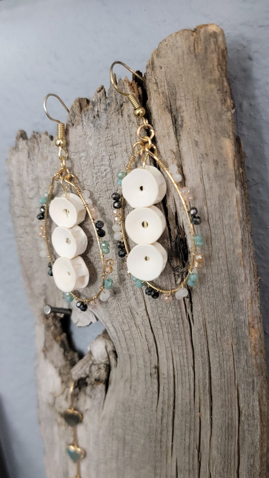 Earrings- Gold Beaded Hoop with Fish Bone