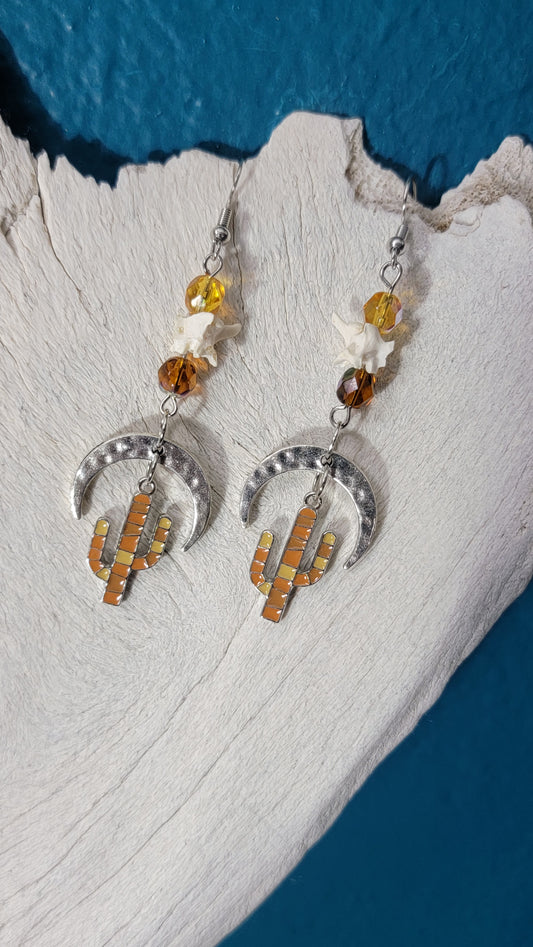Crescent Moon and Cactus with Rattlesnake Vertebrae Earrings