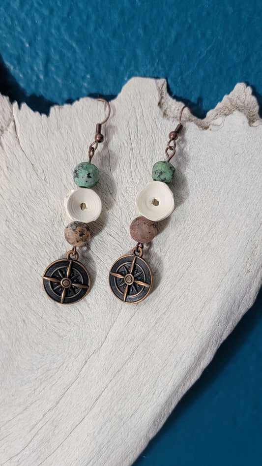 Bronze Compass with Fish Bone Earrings