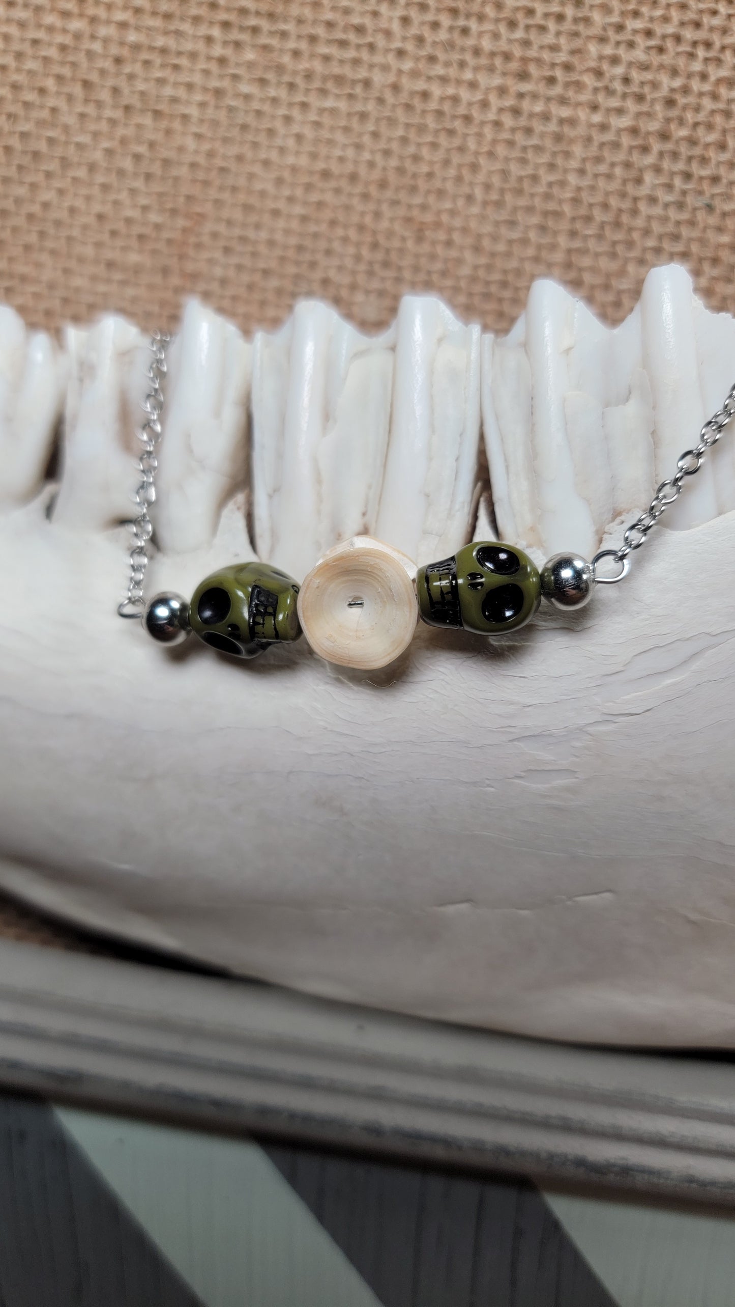 " Fish Bone with Green Skull Beads " Bracelet