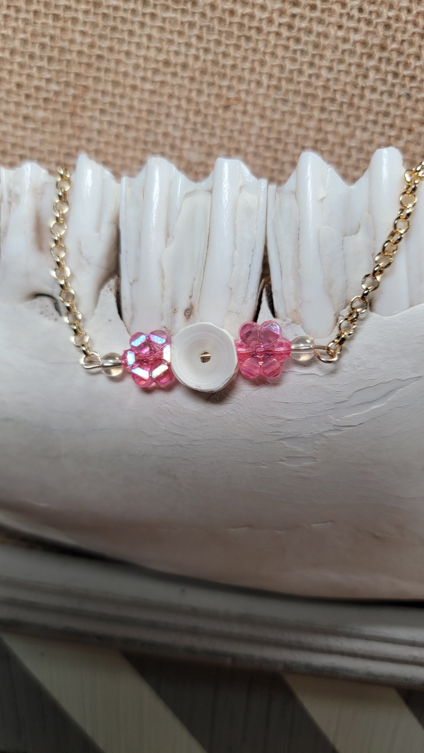 " Fish Bone with Pink Flowers Beads " Bracelet