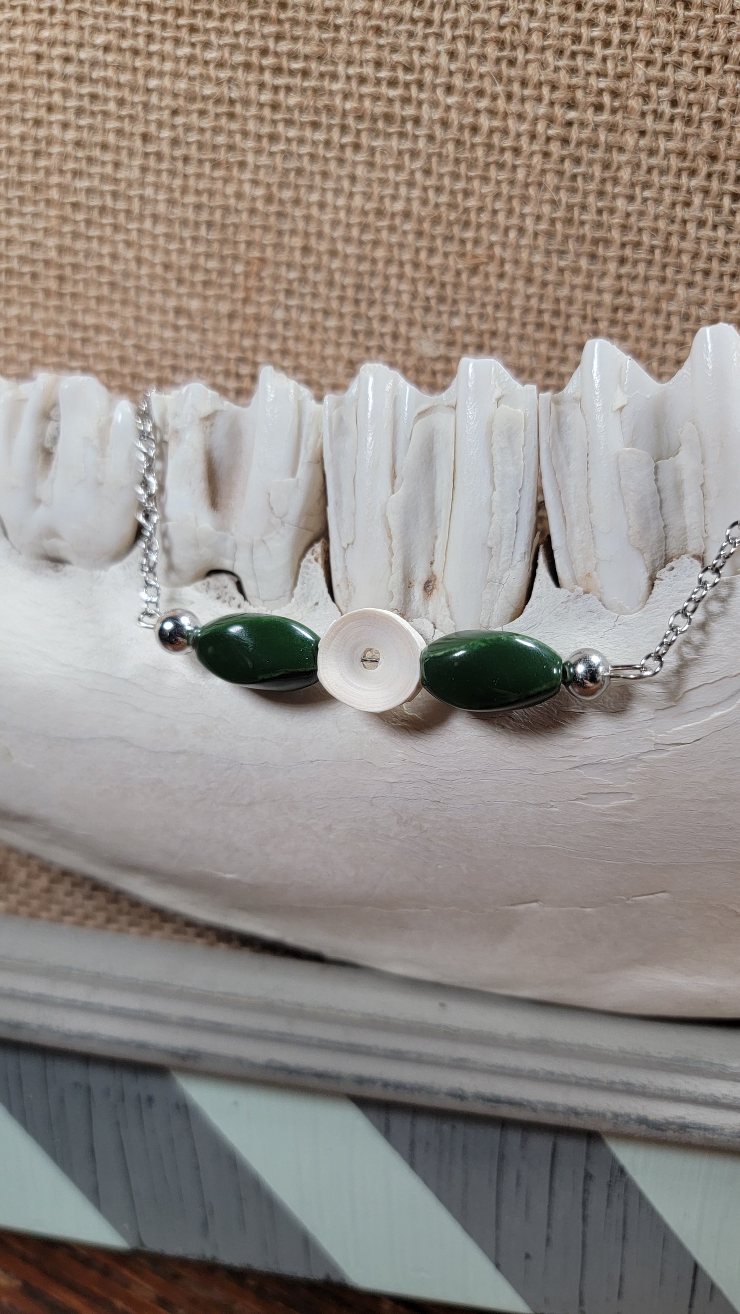 " Fish Bone with Dark Green Oval Beads " Bracelet