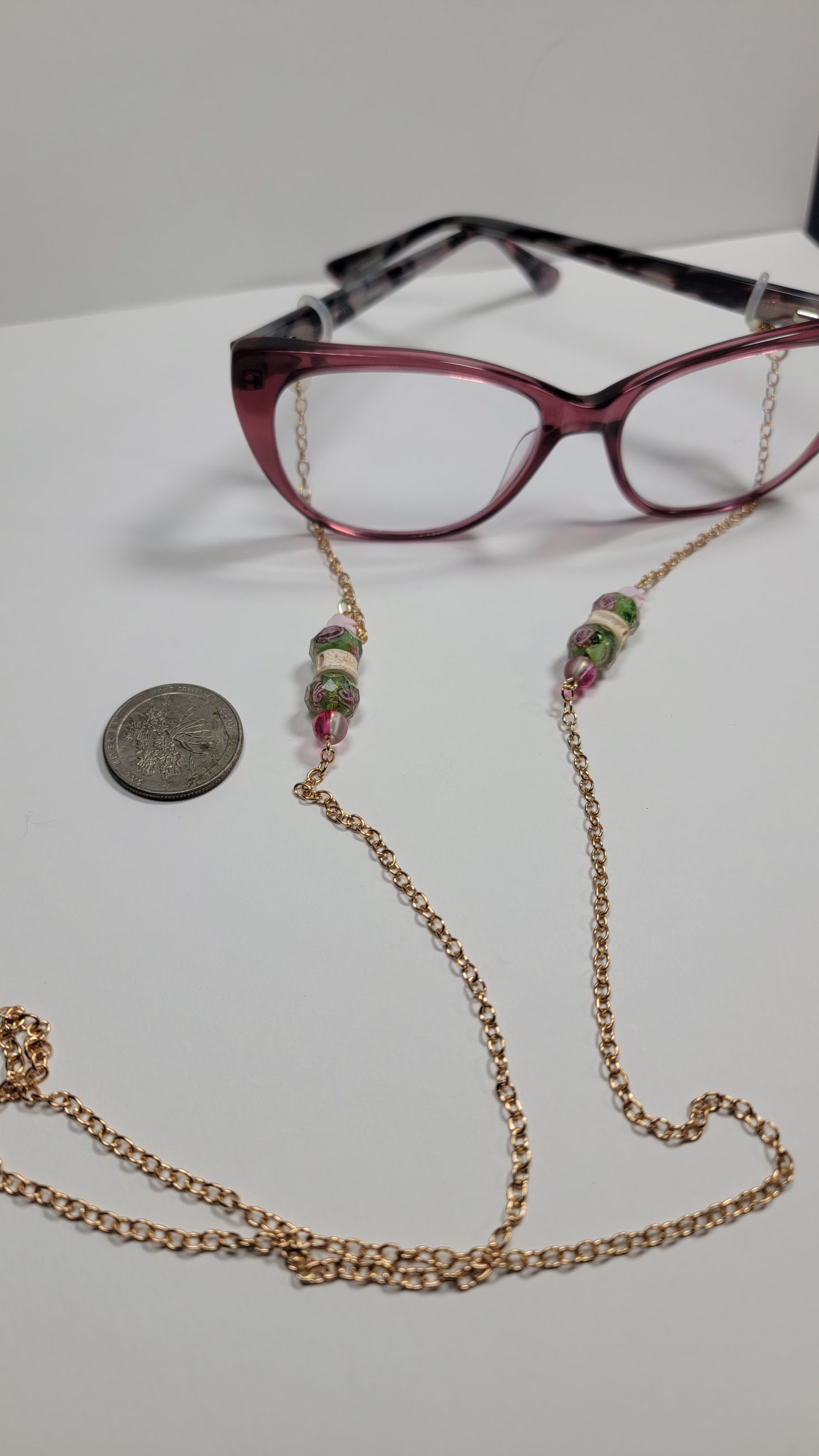 " Fish Bone and Green and Pink Flowers" Eye Glasses Chain