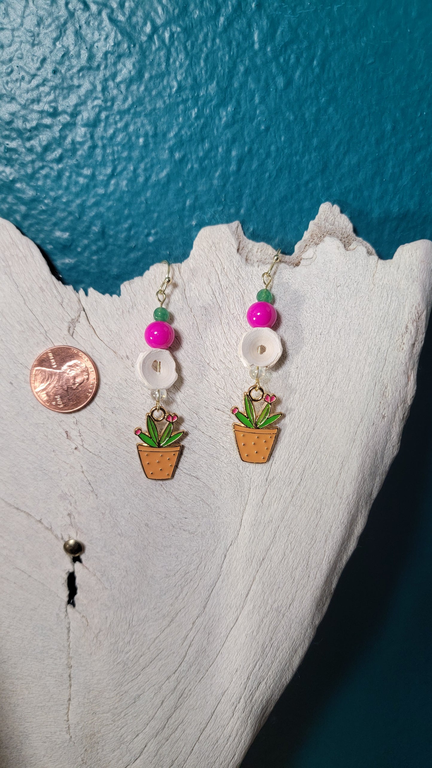 Gold Fish Bone and Plant Charm Earrings