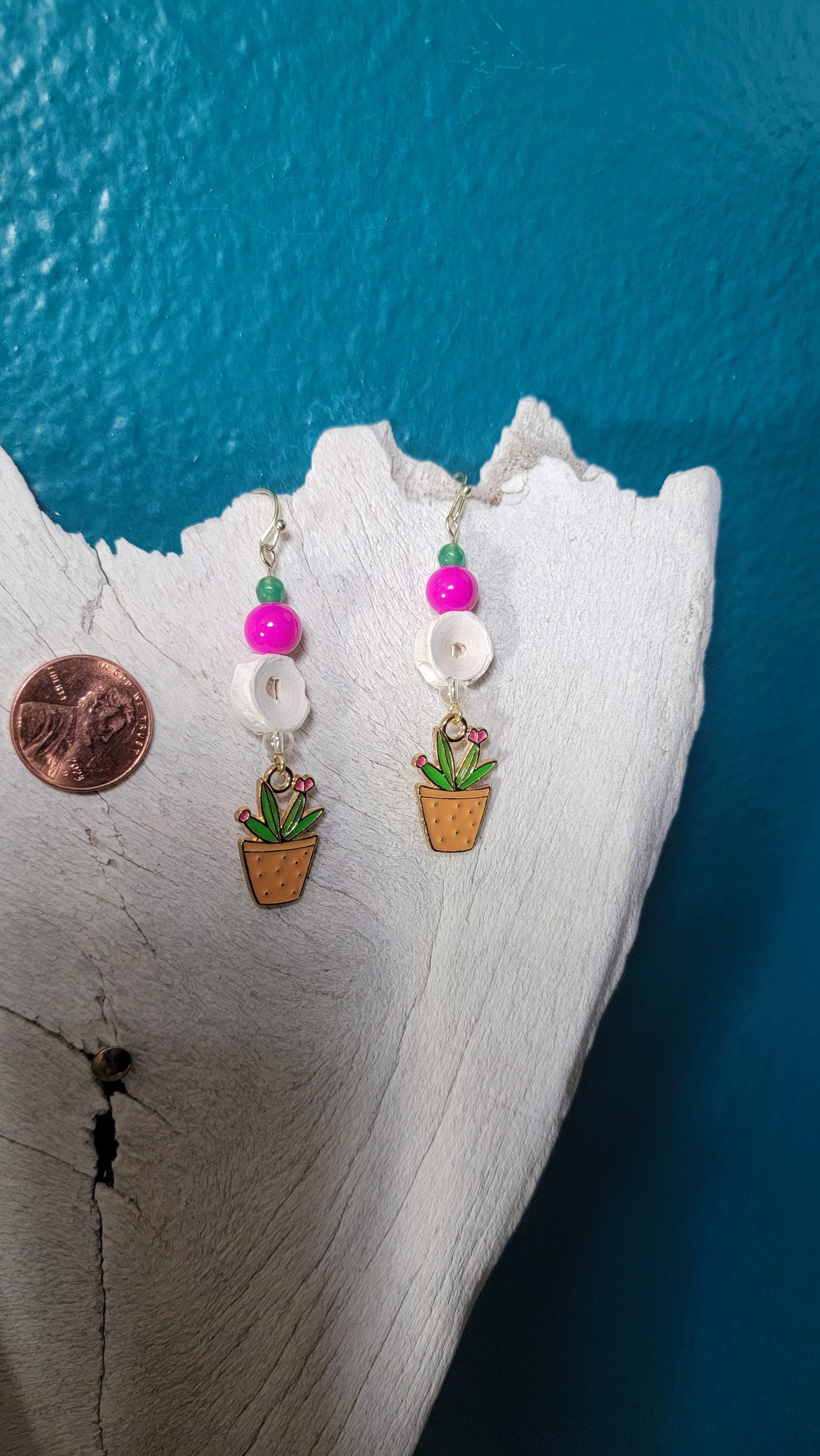 Gold Fish Bone and Plant Charm Earrings