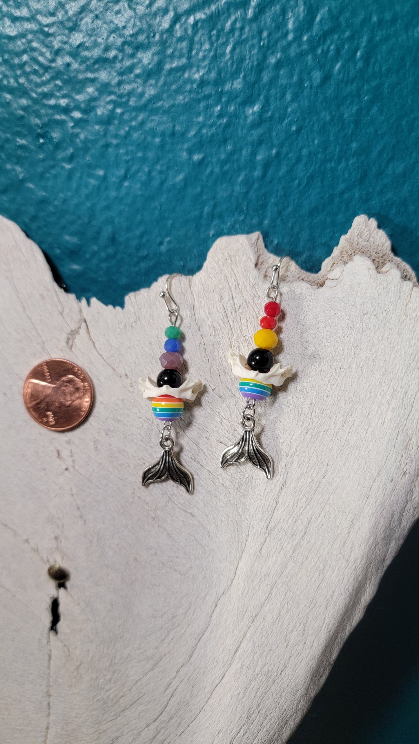 Rabbit Atlas Bone with Rainbow Beads and Mermaid Tail Charm Earrings