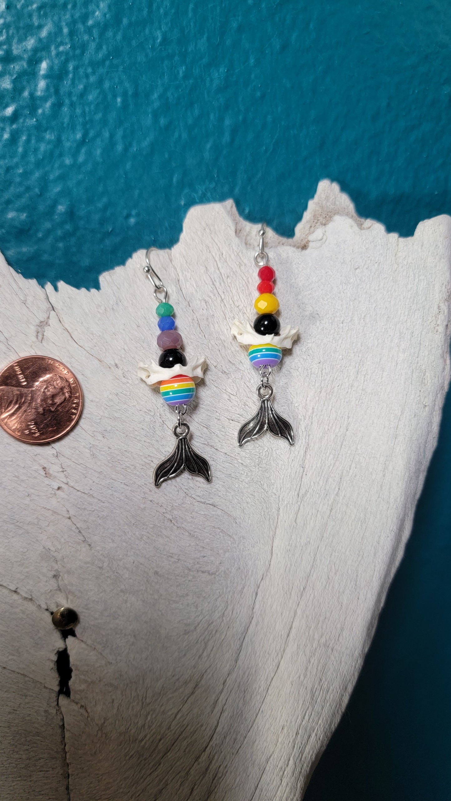 Rabbit Atlas Bone with Rainbow Beads and Mermaid Tail Charm Earrings