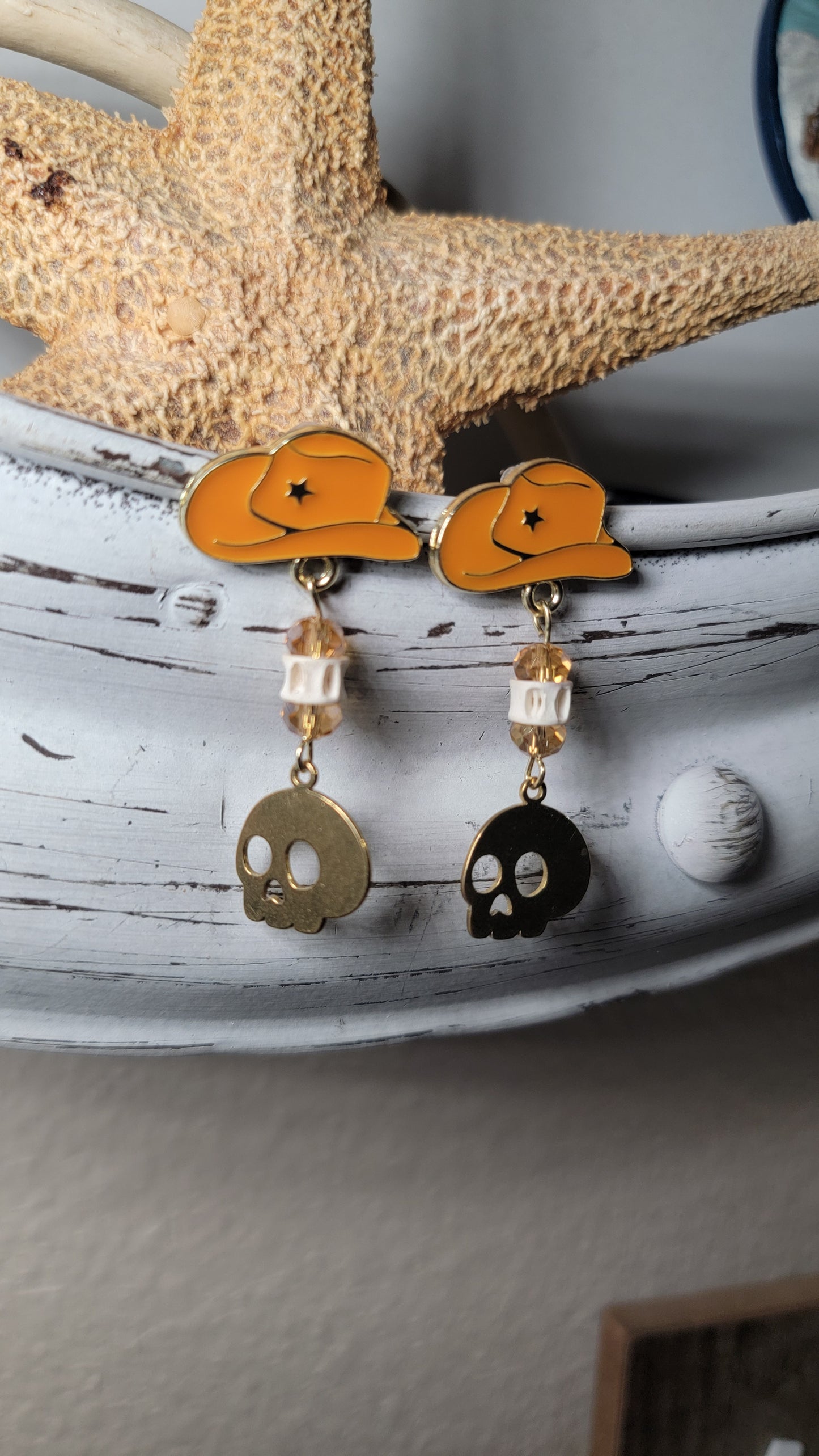 Orange Hat with Skull and Shark Bone Earrings
