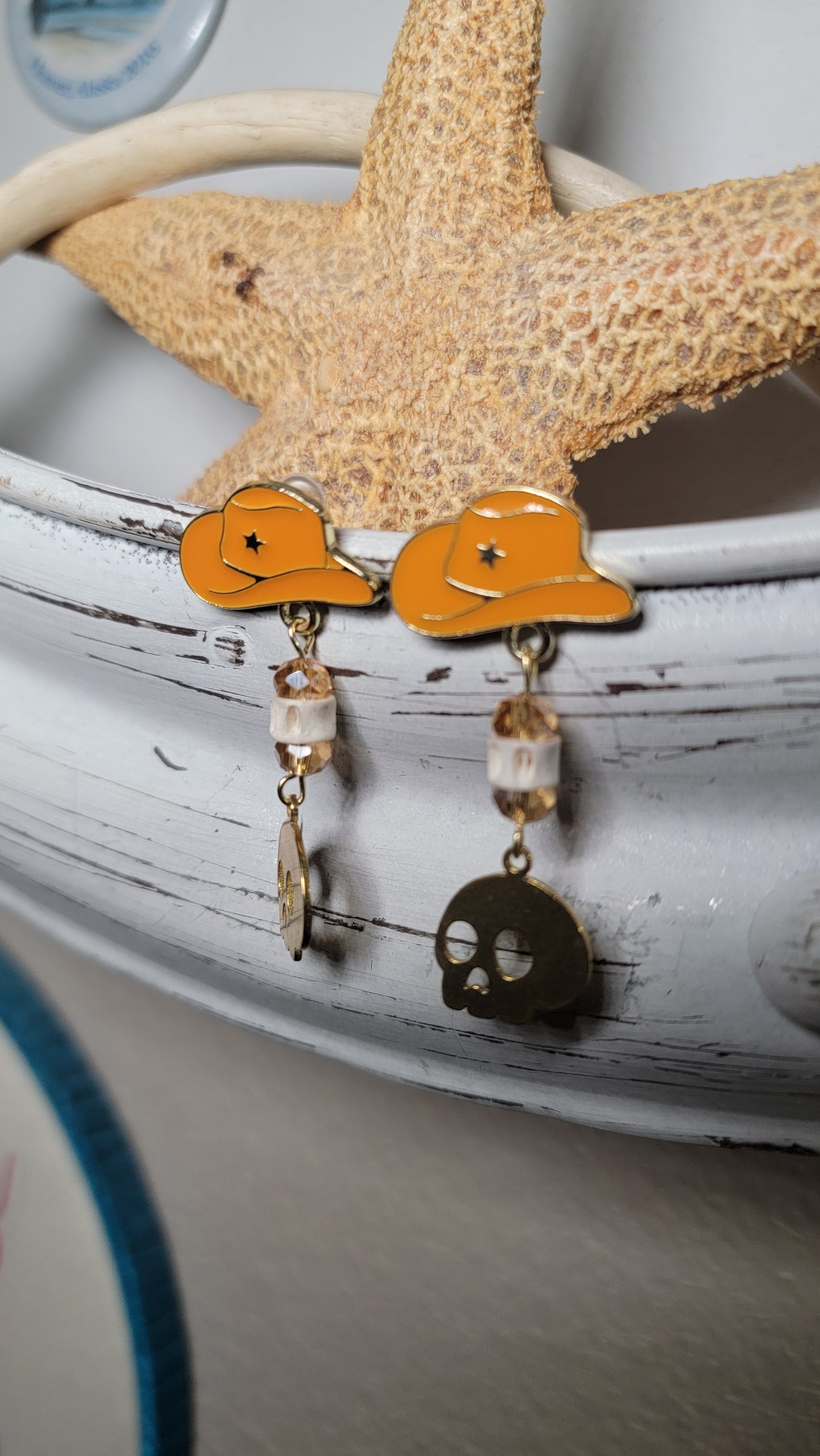 Orange Hat with Skull and Shark Bone Earrings