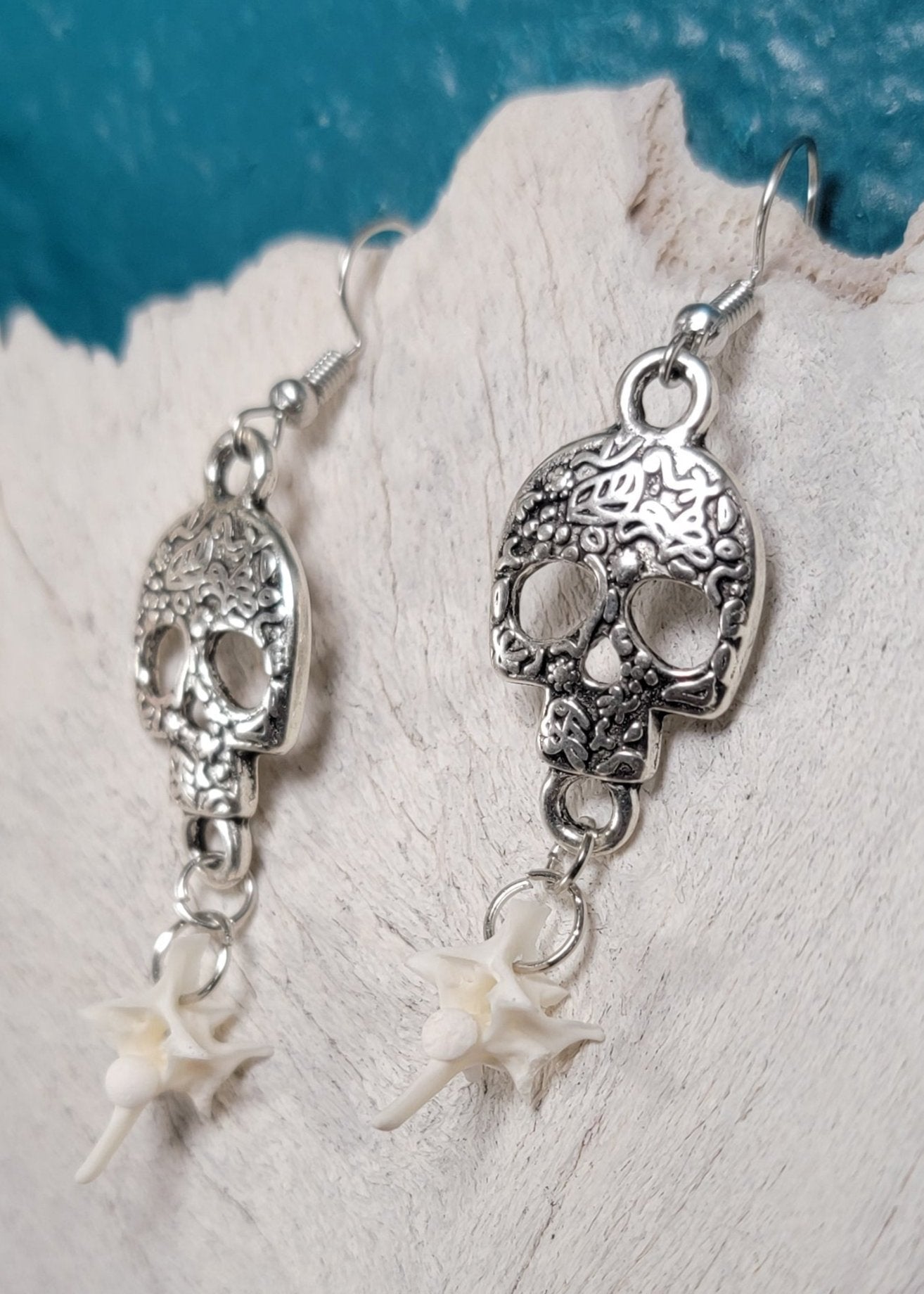 Minimalist Silver with Silver Skull and Rattlesnake Vertebrae Earrings