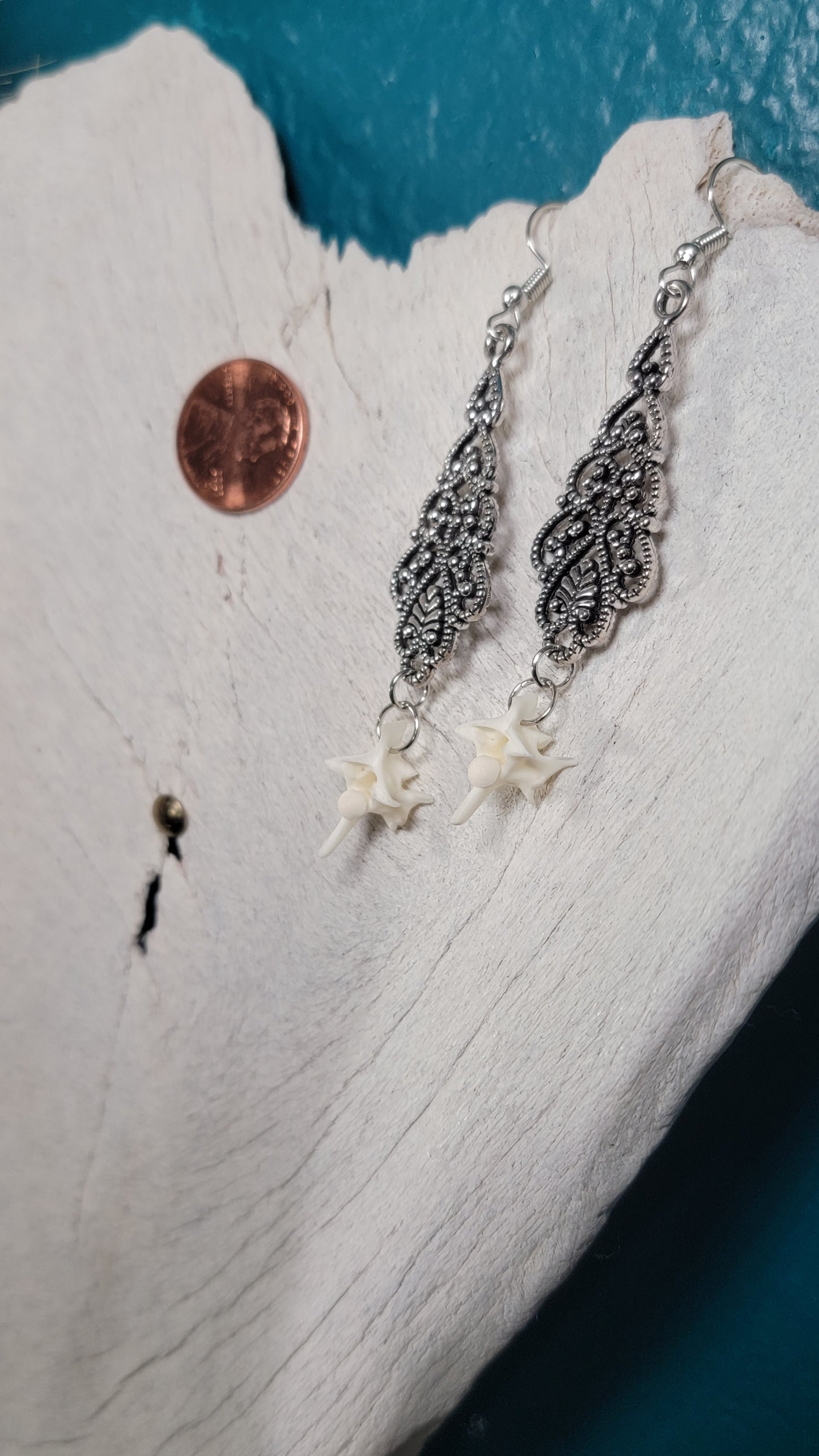 Silver Ornate Drop with Rattlesnake Vertebra Earrings