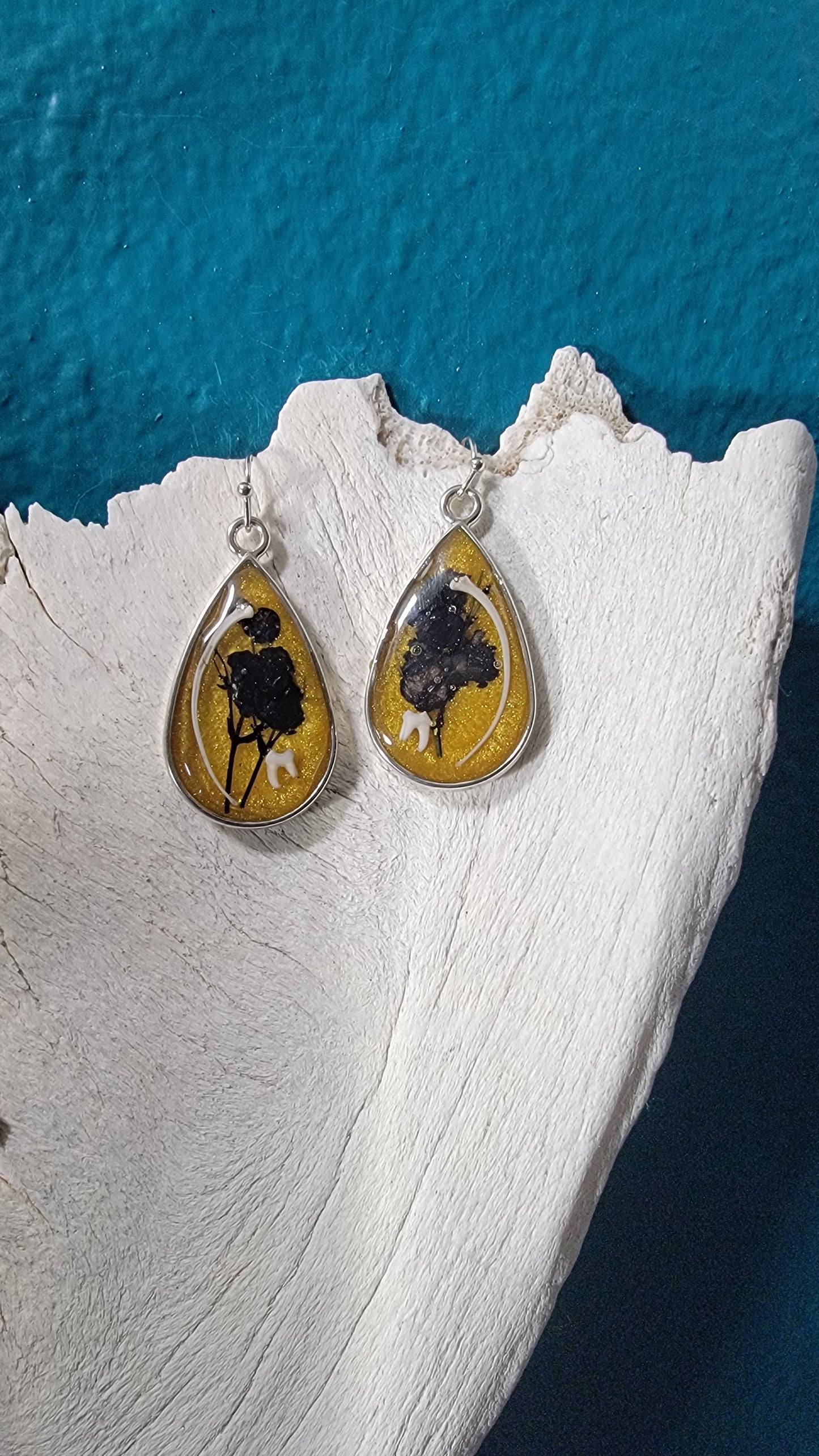 Snake Rib and Ground Squirrel Teeth in Gold with Black Floral Earrings