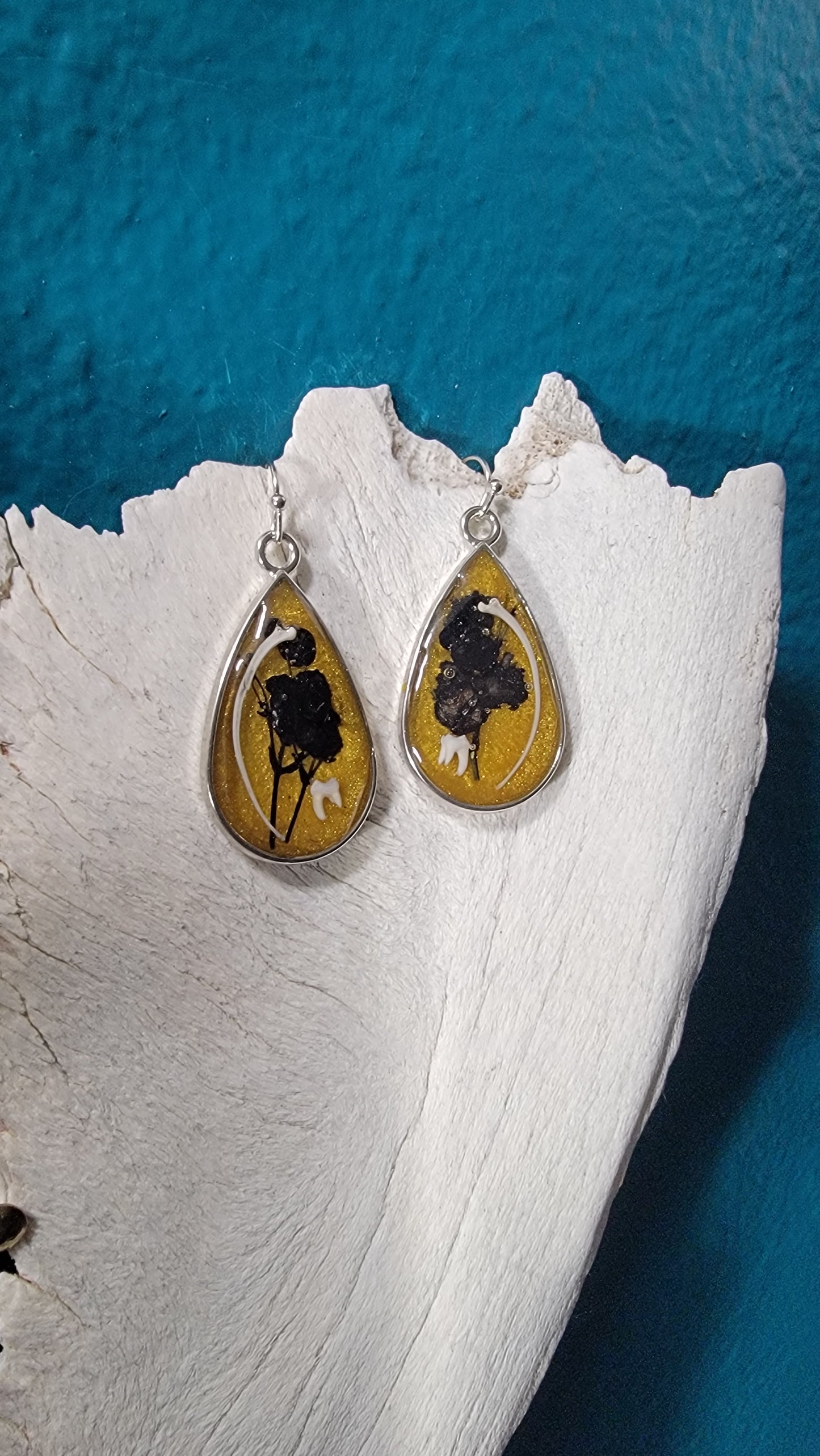 Snake Rib and Ground Squirrel Teeth in Gold with Black Floral Earrings