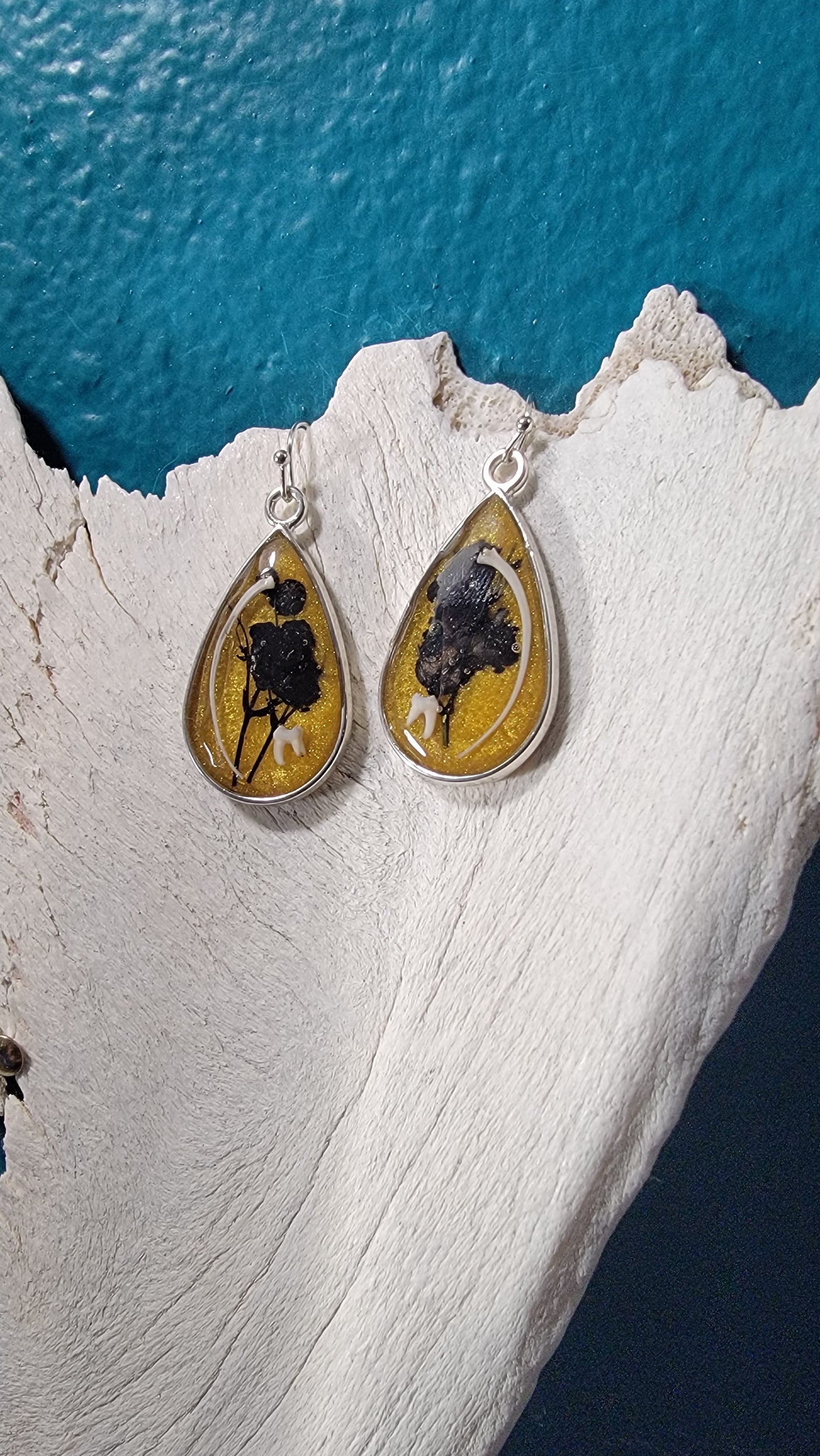 Snake Rib and Ground Squirrel Teeth in Gold with Black Floral Earrings