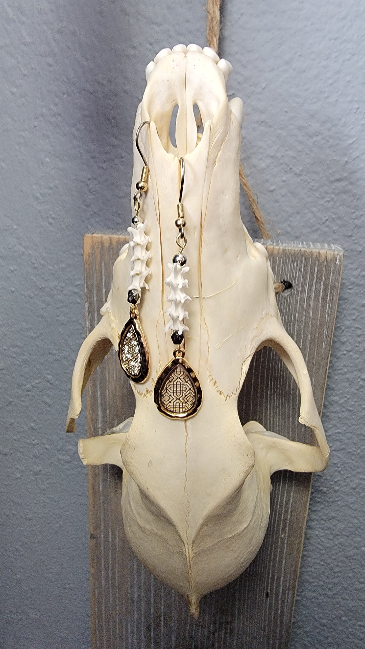 Gold and Silver and Rattlesnake Vertebra String Earrings