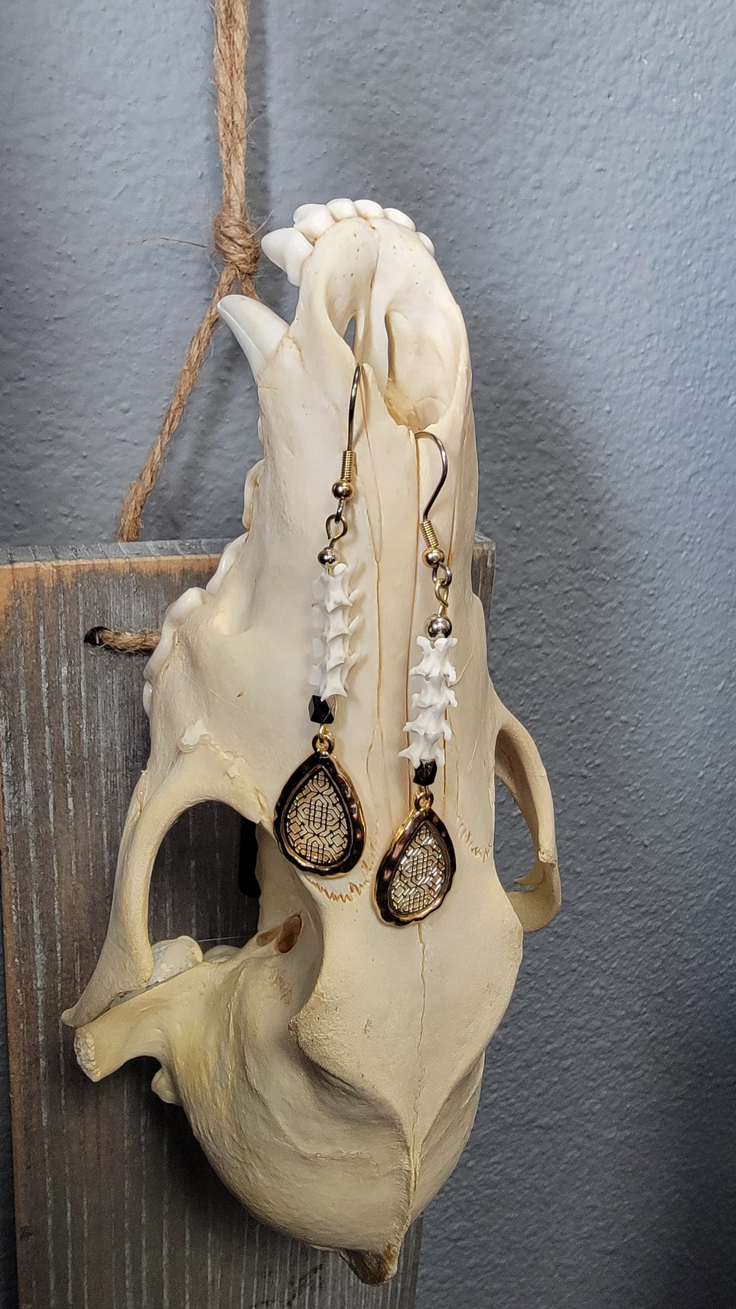 Gold and Silver and Rattlesnake Vertebra String Earrings