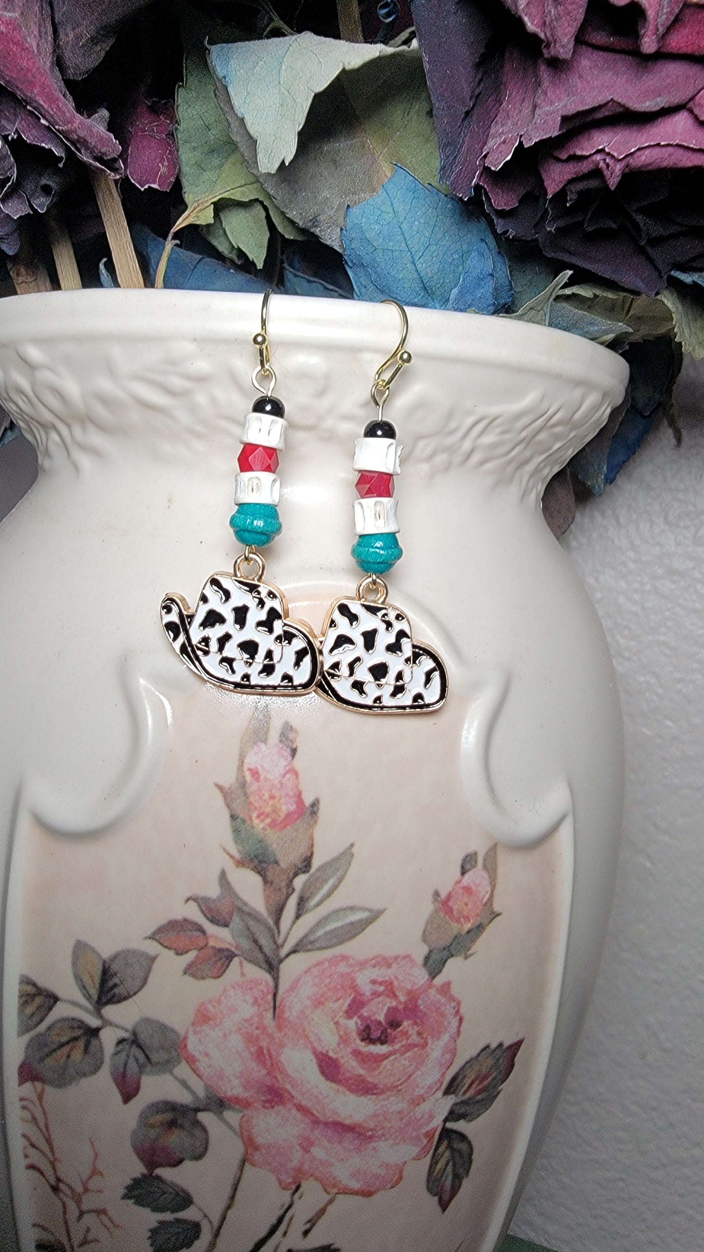 Shark Bone and Cow Print Cowboy Hat Charm Earrings