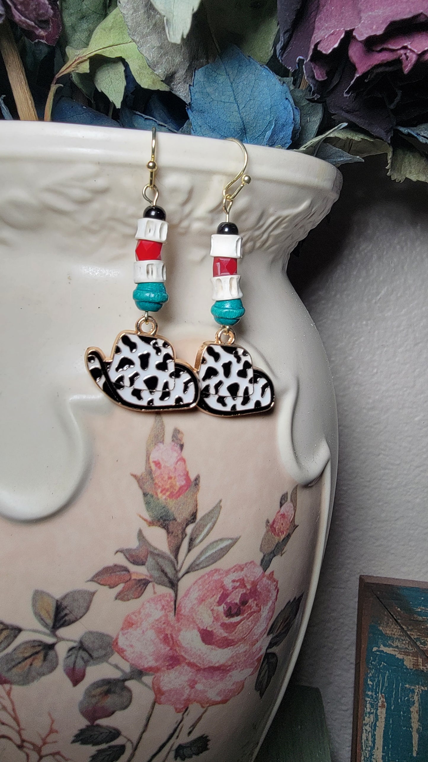 Shark Bone and Cow Print Cowboy Hat Charm Earrings