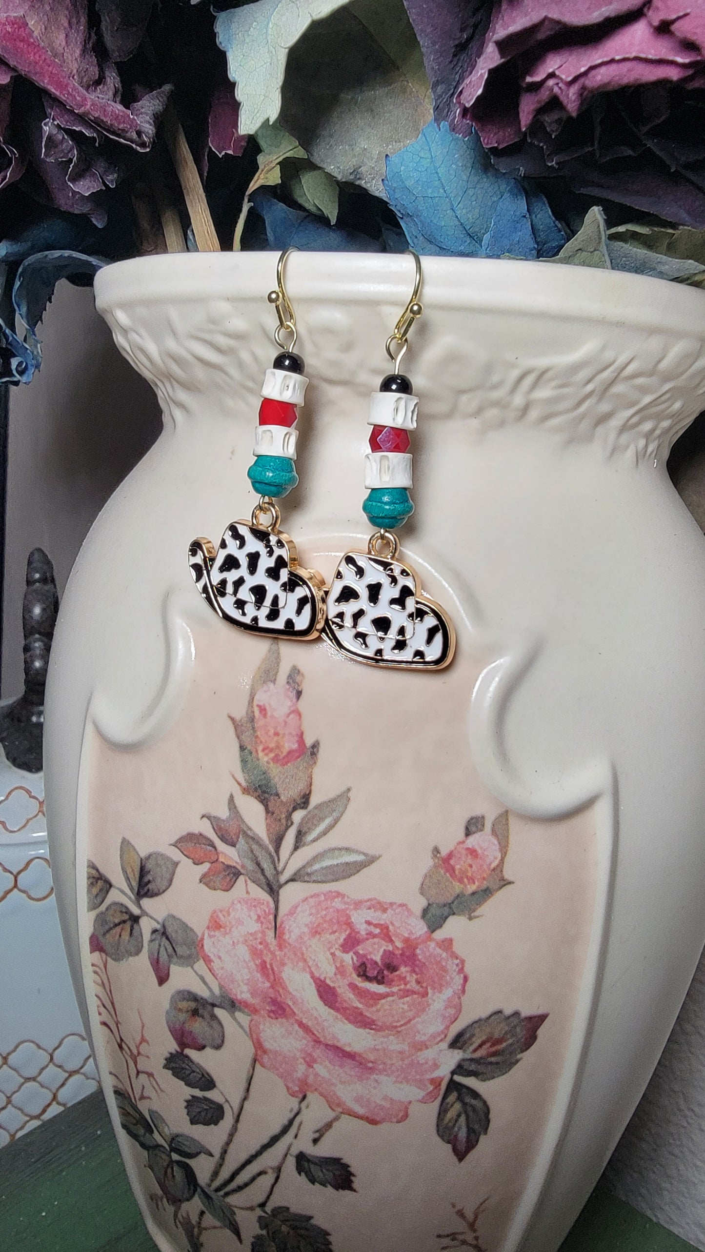 Shark Bone and Cow Print Cowboy Hat Charm Earrings