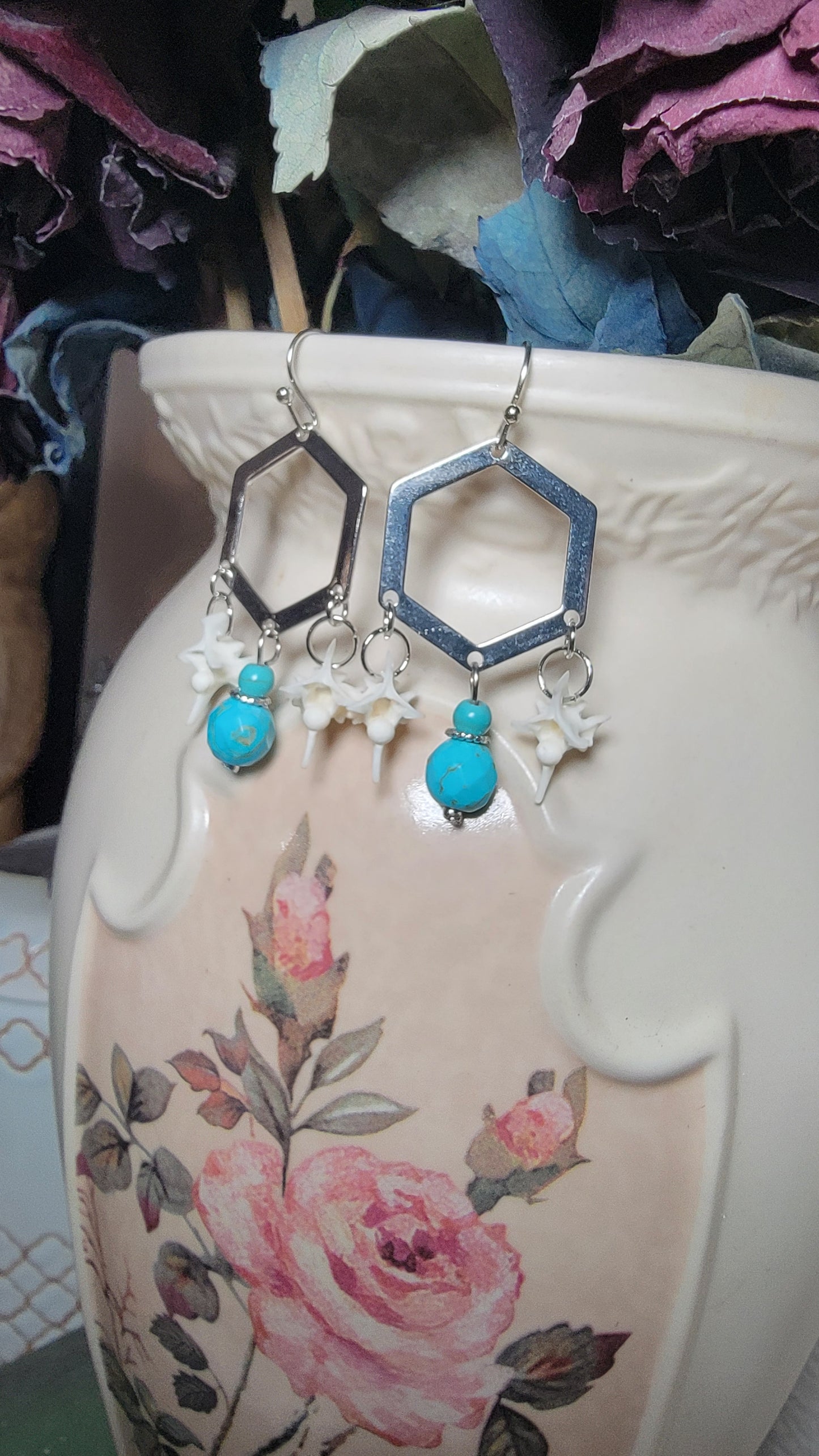 Hexagon Shape with Turquoise Beads and Rattlesnake Vertebra Earrings