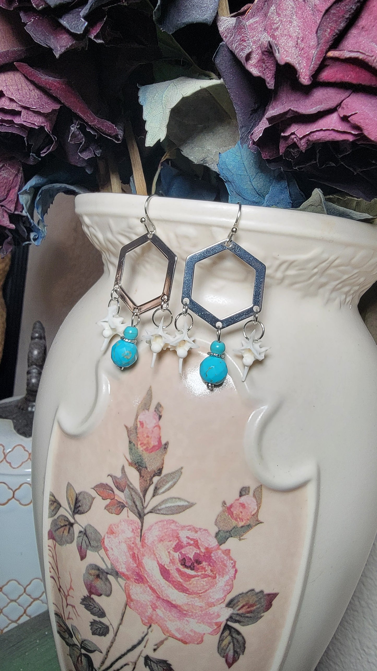 Hexagon Shape with Turquoise Beads and Rattlesnake Vertebra Earrings