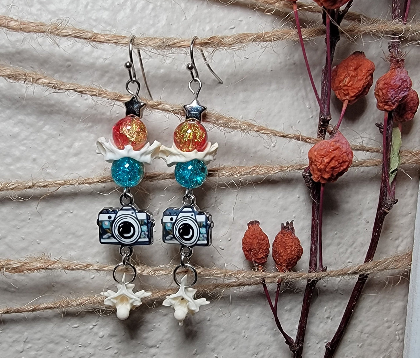 Muskrat Atlas and Rattlesnake Vertebra with Camera Charm Earrings