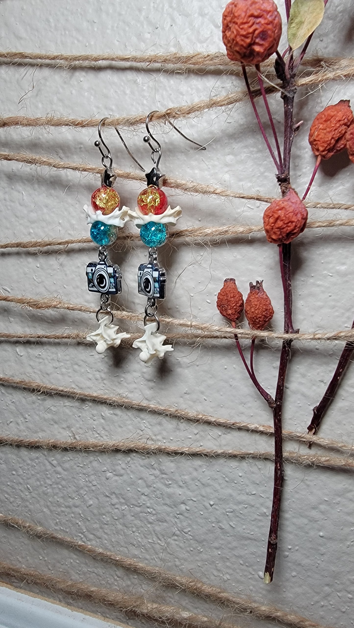 Muskrat Atlas and Rattlesnake Vertebra with Camera Charm Earrings