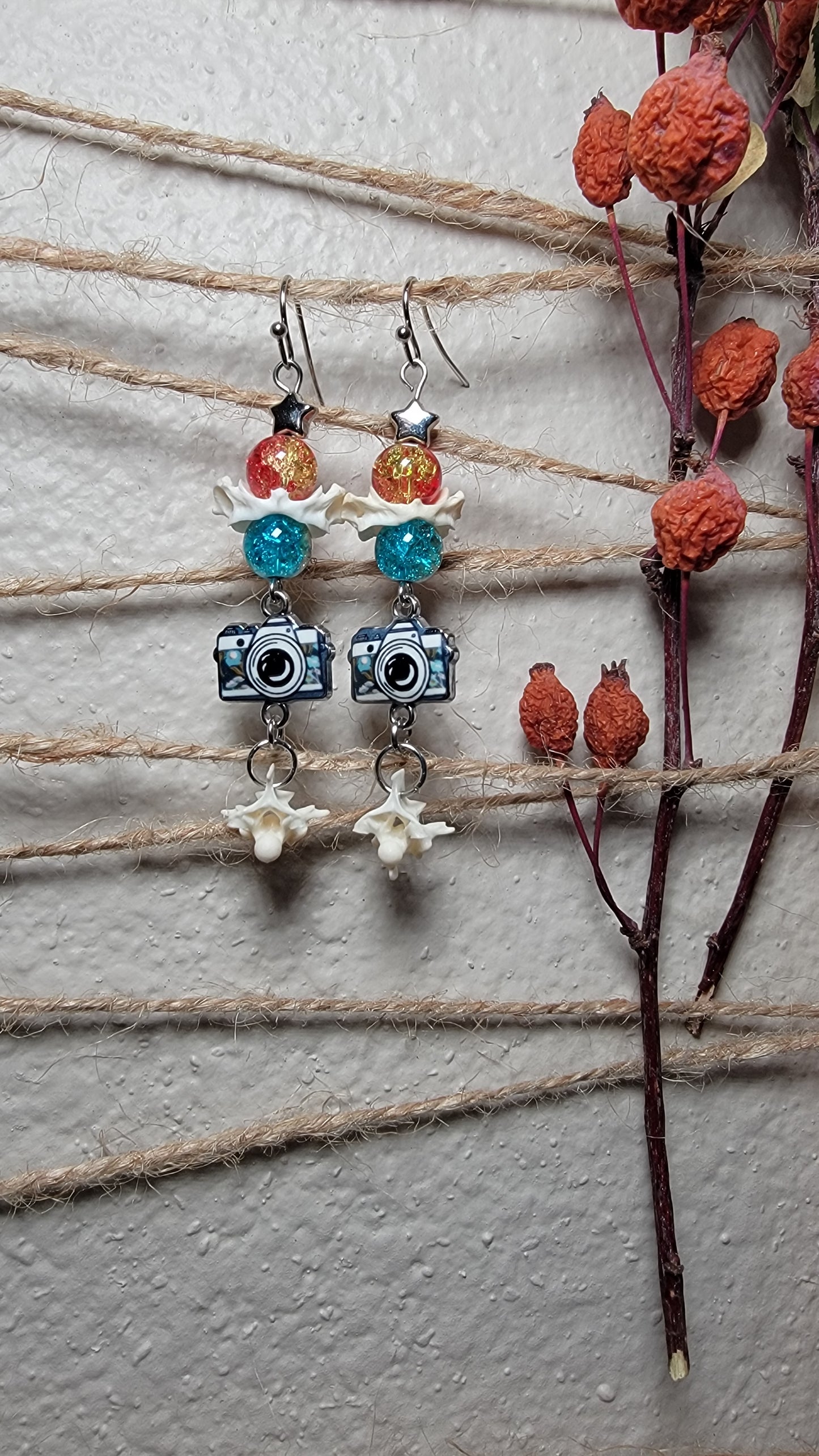 Muskrat Atlas and Rattlesnake Vertebra with Camera Charm Earrings