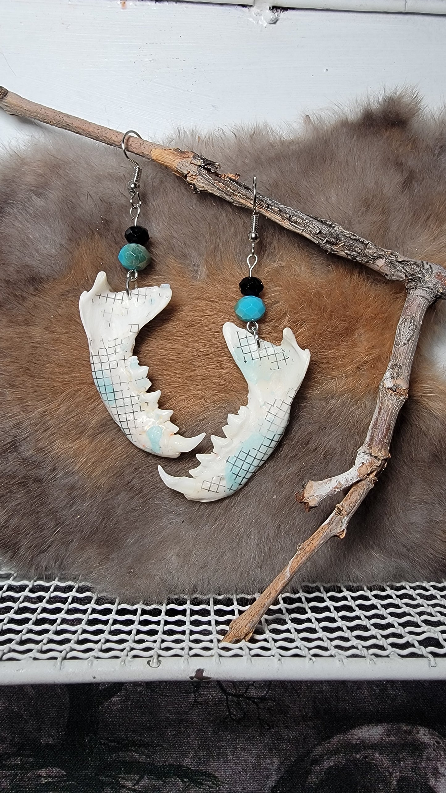 Earrings - Decorated Mink Jaw - Checkered