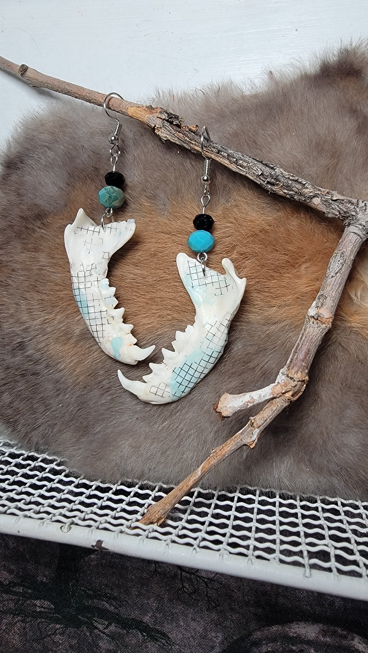 Earrings - Decorated Mink Jaw - Checkered