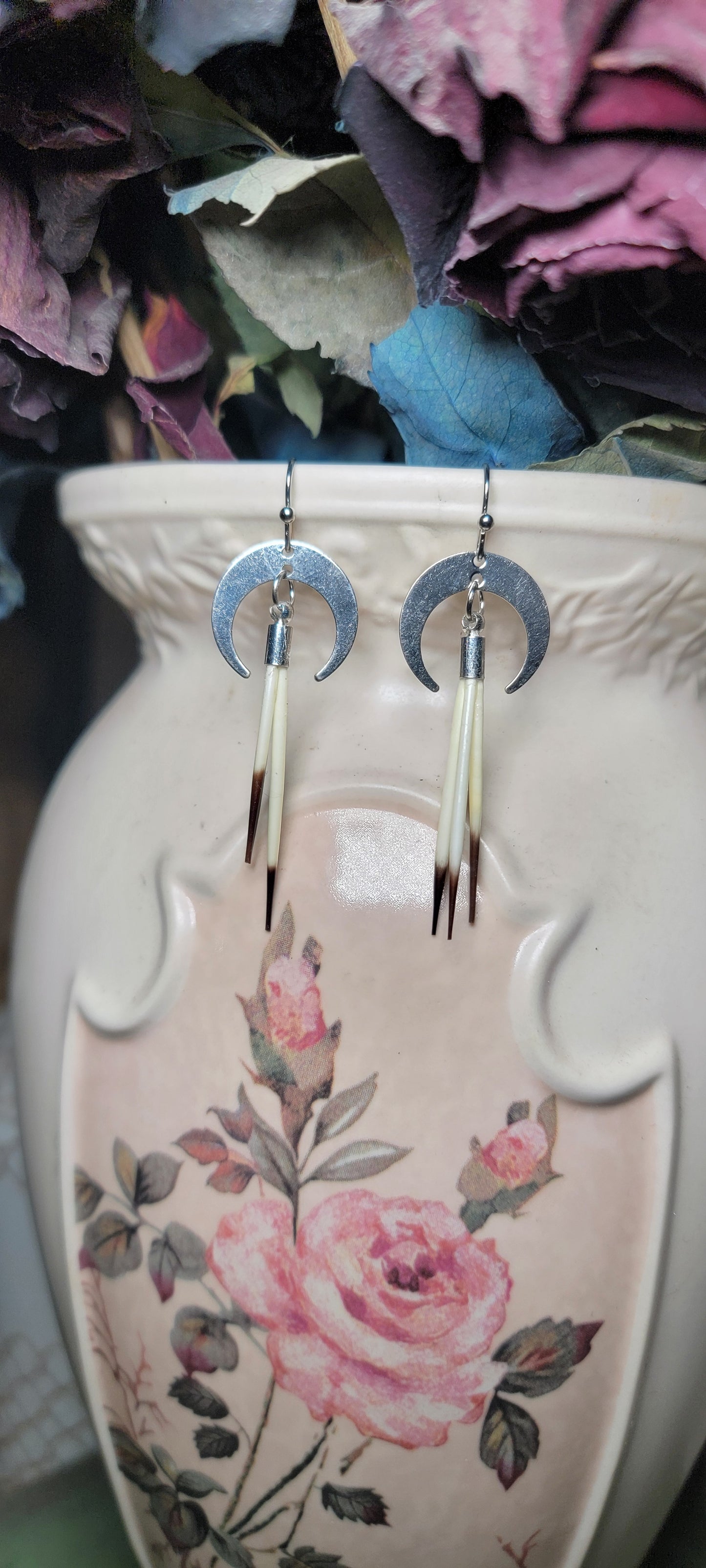 Earrings -Porcupine Quills W/ Crescent Moon