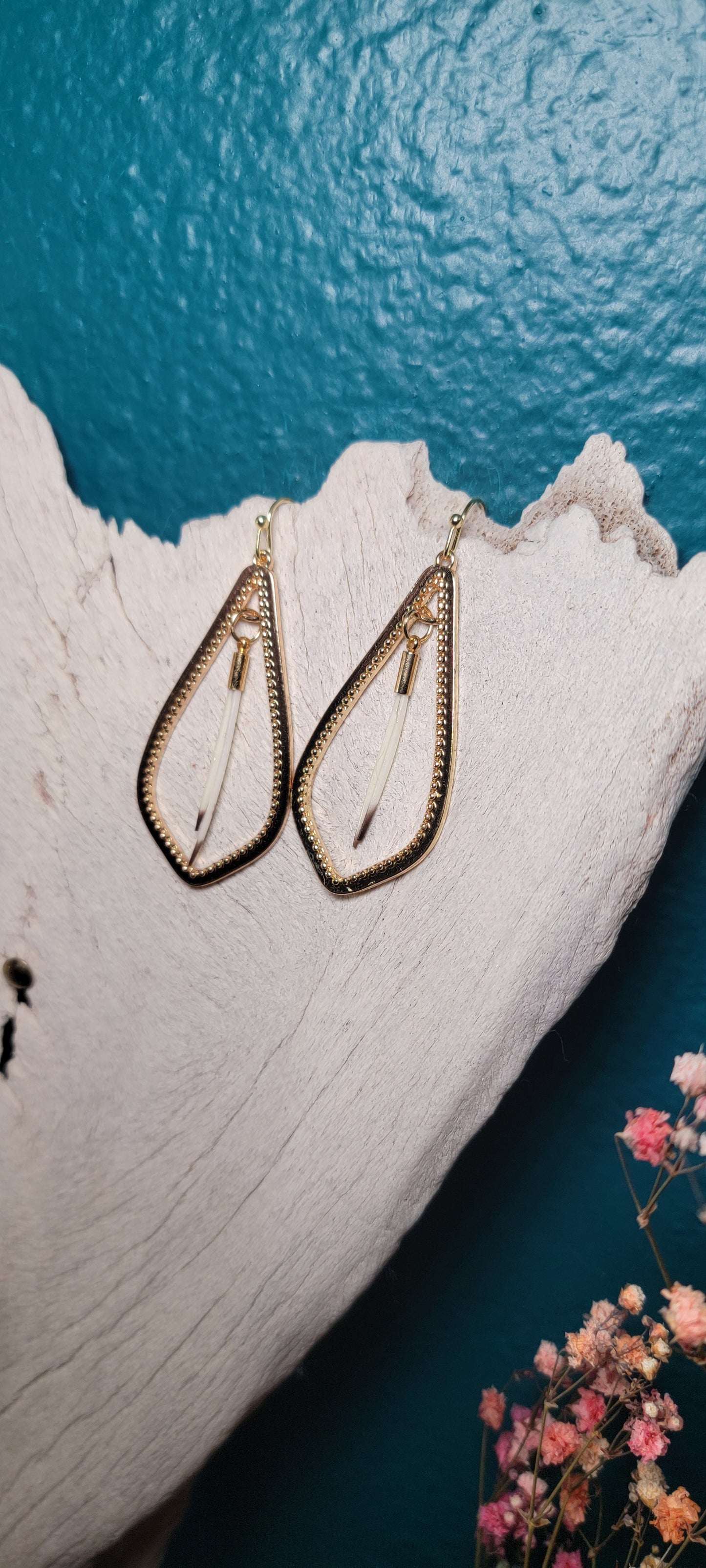 Earrings -Porcupine Quills W/ Gold Tear Drop Hoop