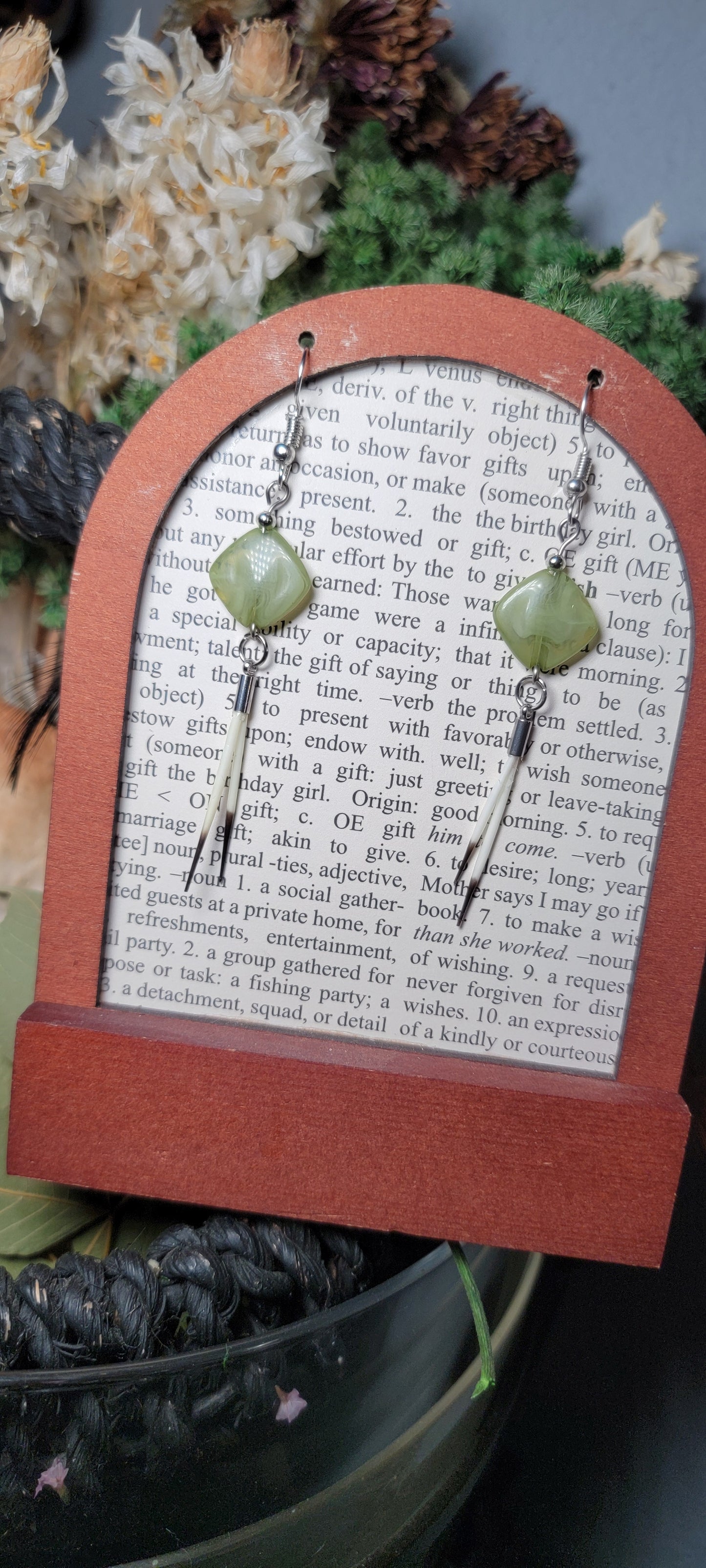 Earrings -Porcupine Quills W/ Green Beads