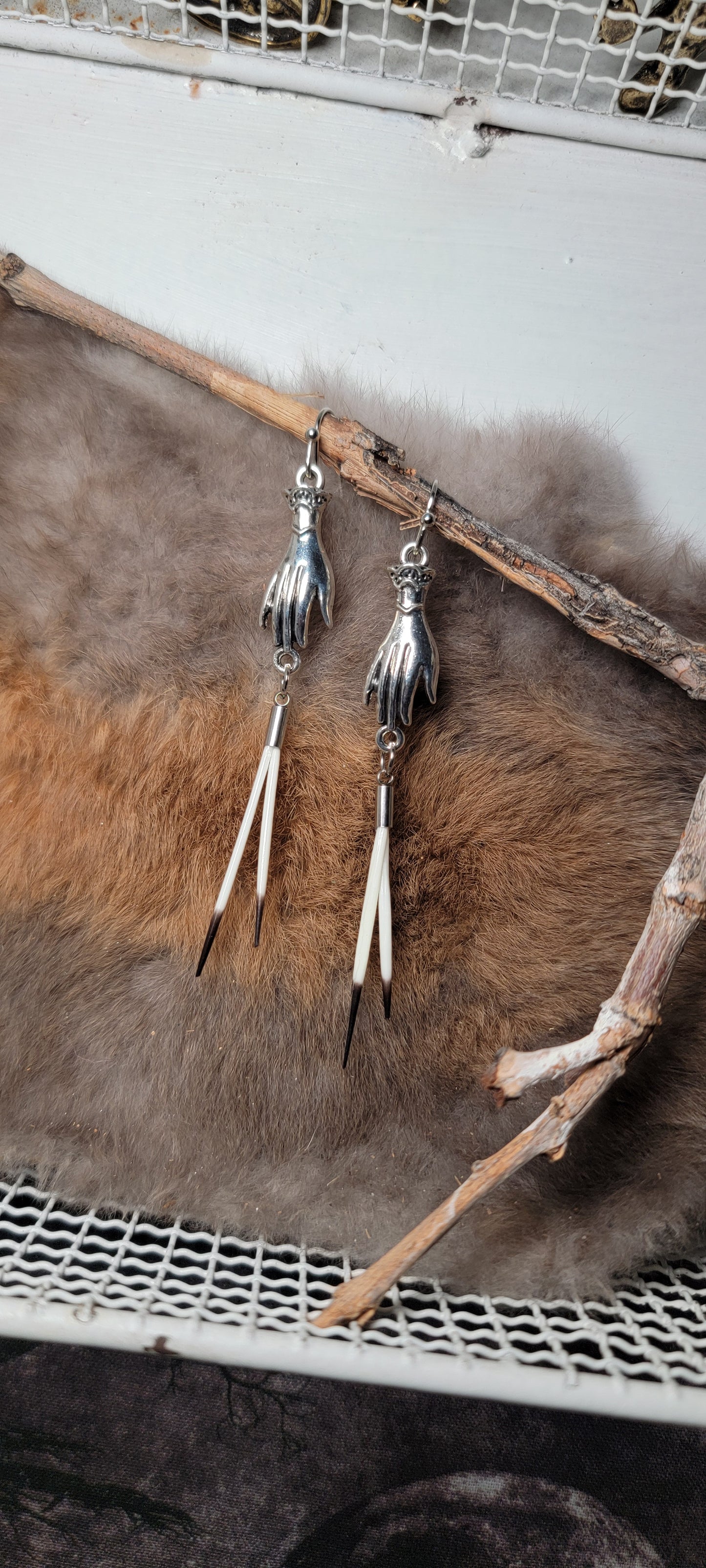 Earrings - Porcupine Quills W/ Hand Charms