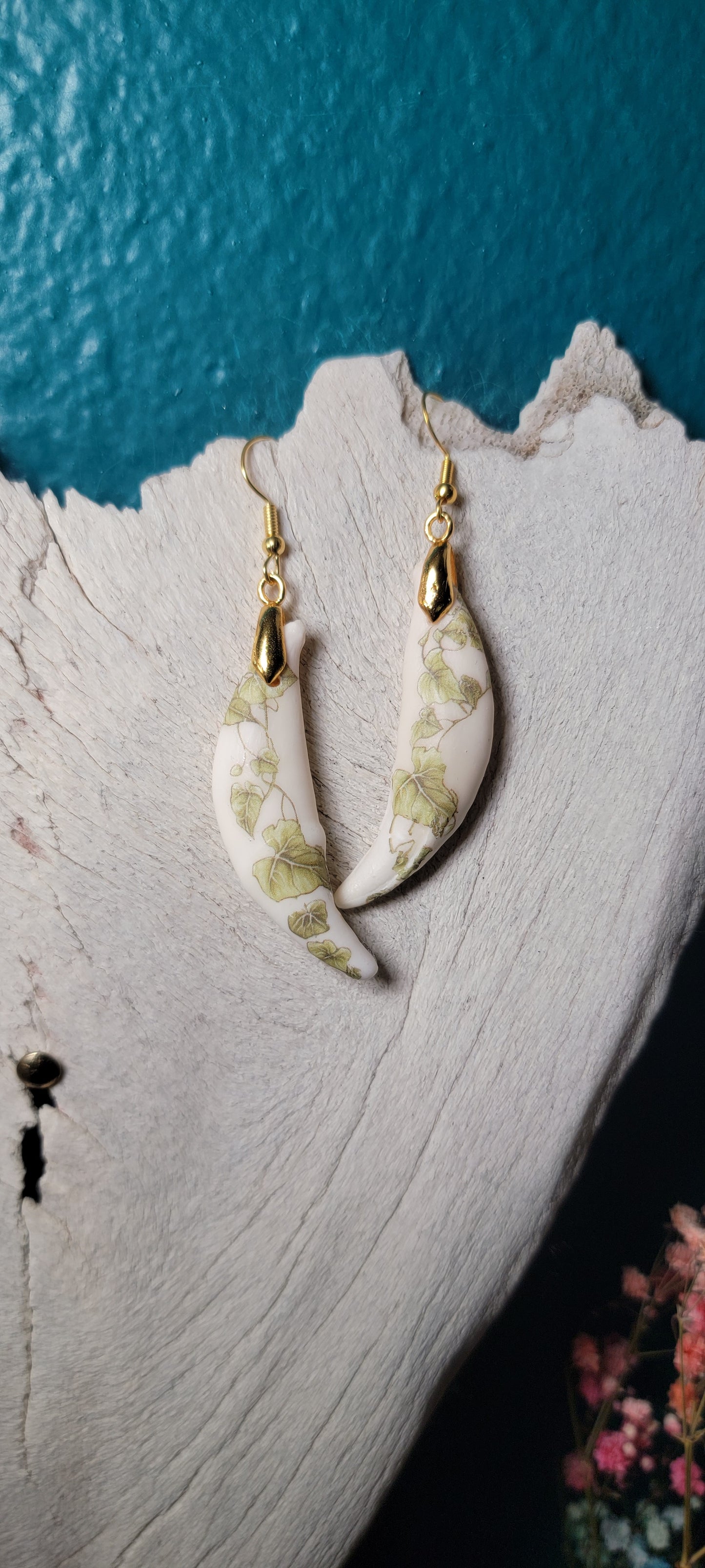 Earrings - Coyote Fang W/ Green Foliage
