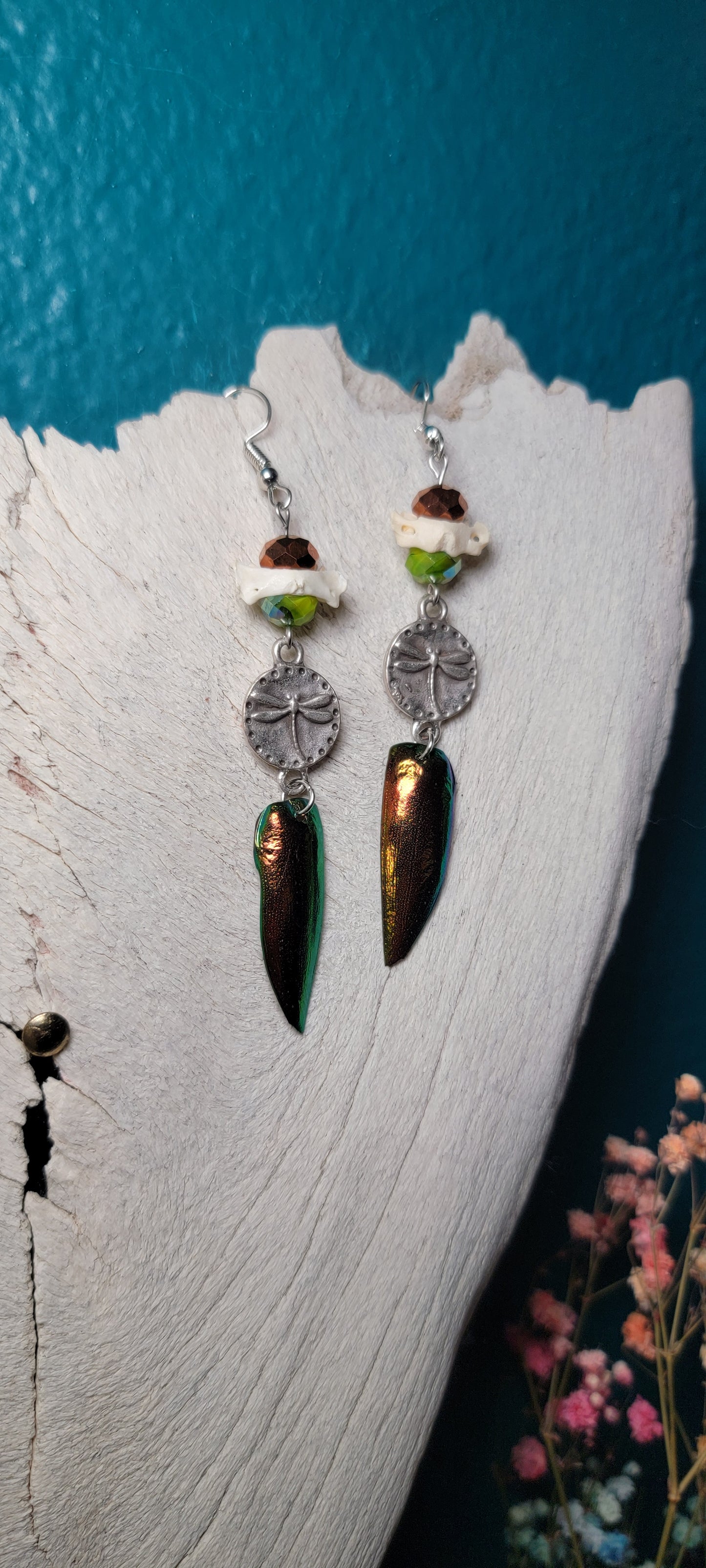 Earrings - Beetle Wings with Rabbit Atlas and Dragonfly Charm