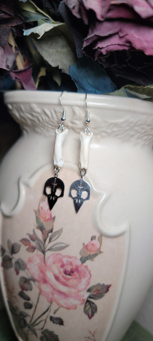 Earrings - Bobcat Toe Bone with Bird Skull Charm