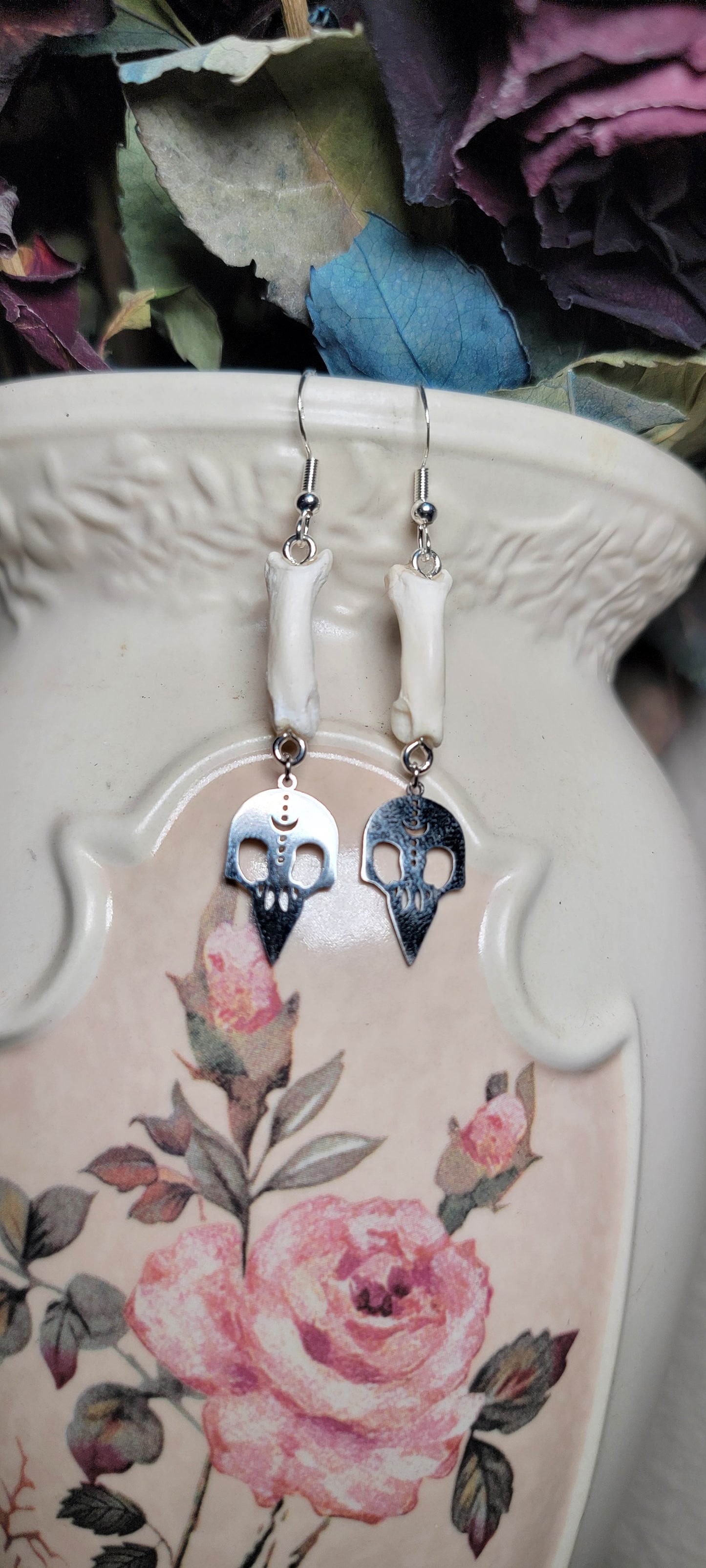 Earrings - Bobcat Toe Bone with Bird Skull Charm