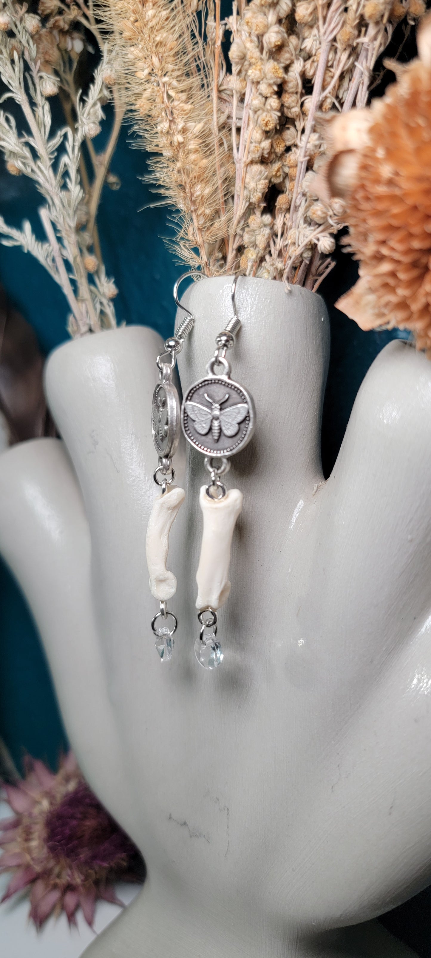Earrings - Bobcat Toe Bone with Moth Charm