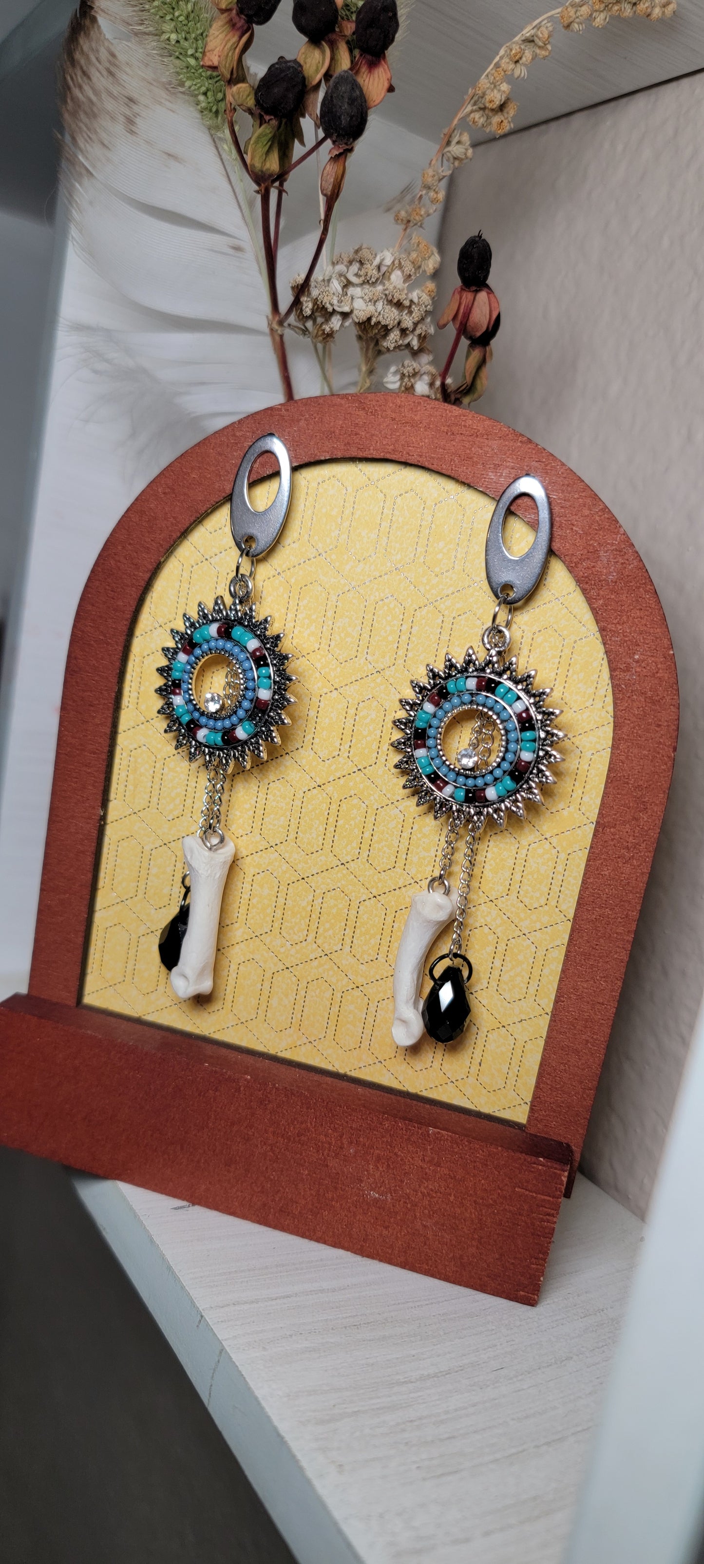 Earrings - Post - Bobcat Toe Bone with Western Beaded Hoop