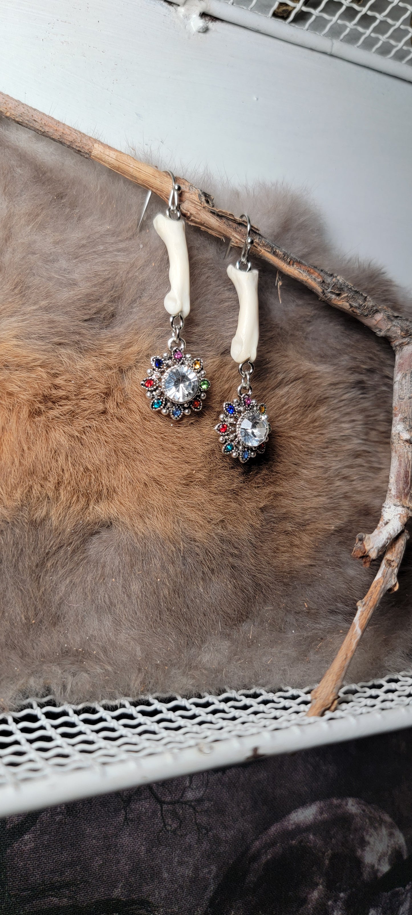 Earrings - Bobcat Toe Bone with Colored Gem Charm