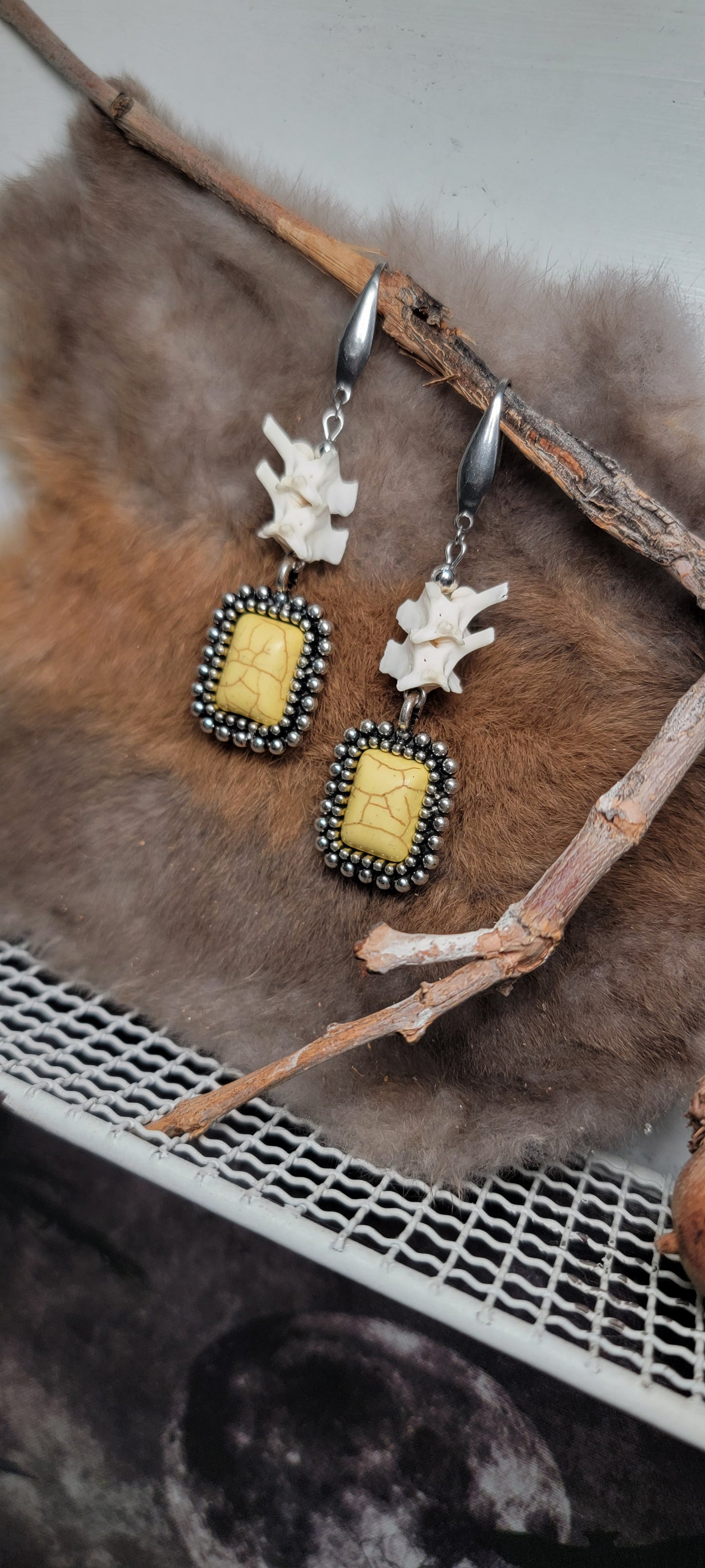 Earrings - Rattlesnake Vertebrae with Yellow Stone Charm